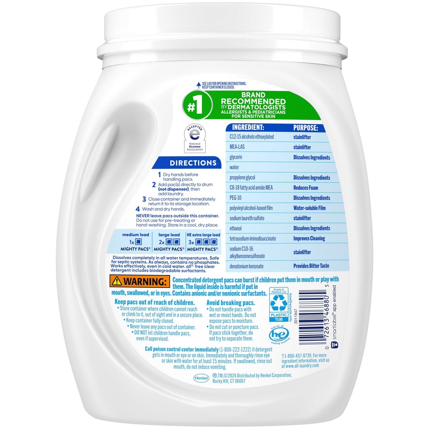 All Mighty Pacs Laundry Detergent, Free Clear for Sensitive Skin, Tub, 60 Count