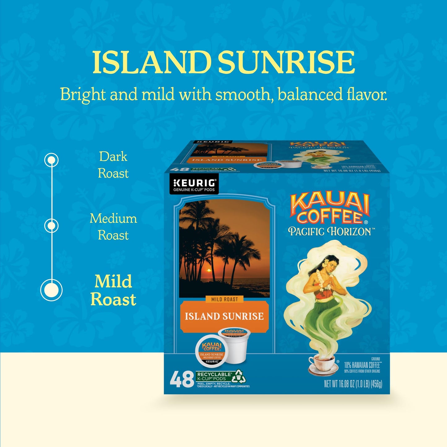 Kauai Coffee K-Cup Pods for Keurig Brewers - Arabica Coffee, 10% Hawaiian - Mild Roast, Light with Bright Aroma - Island Sunrise, 1 Pack of 48 Single