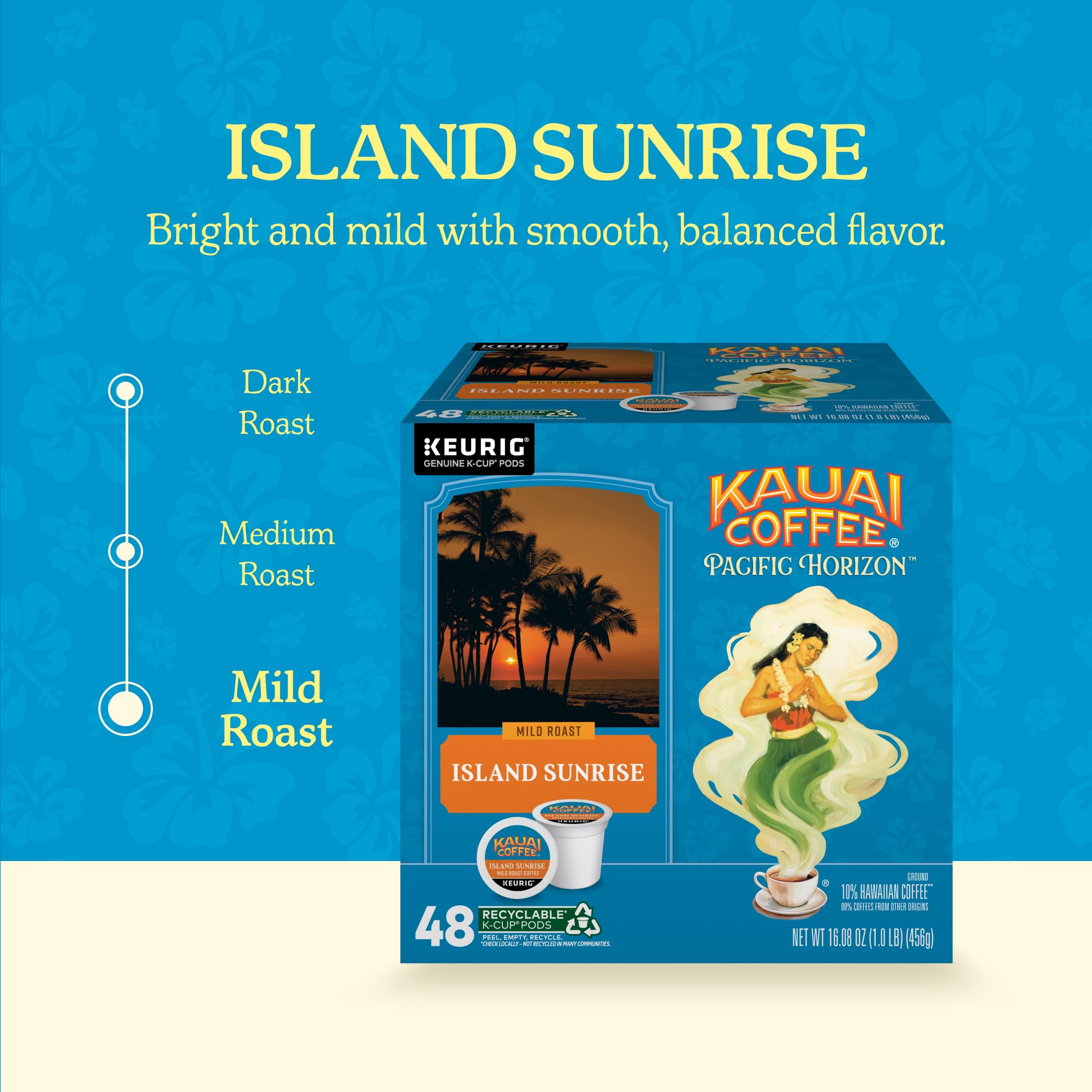 Kauai Coffee K-Cup Pods for Keurig Brewers - Arabica Coffee, 10% Hawaiian - Mild Roast, Light with Bright Aroma - Island Sunrise, 1 Pack of 48 Single