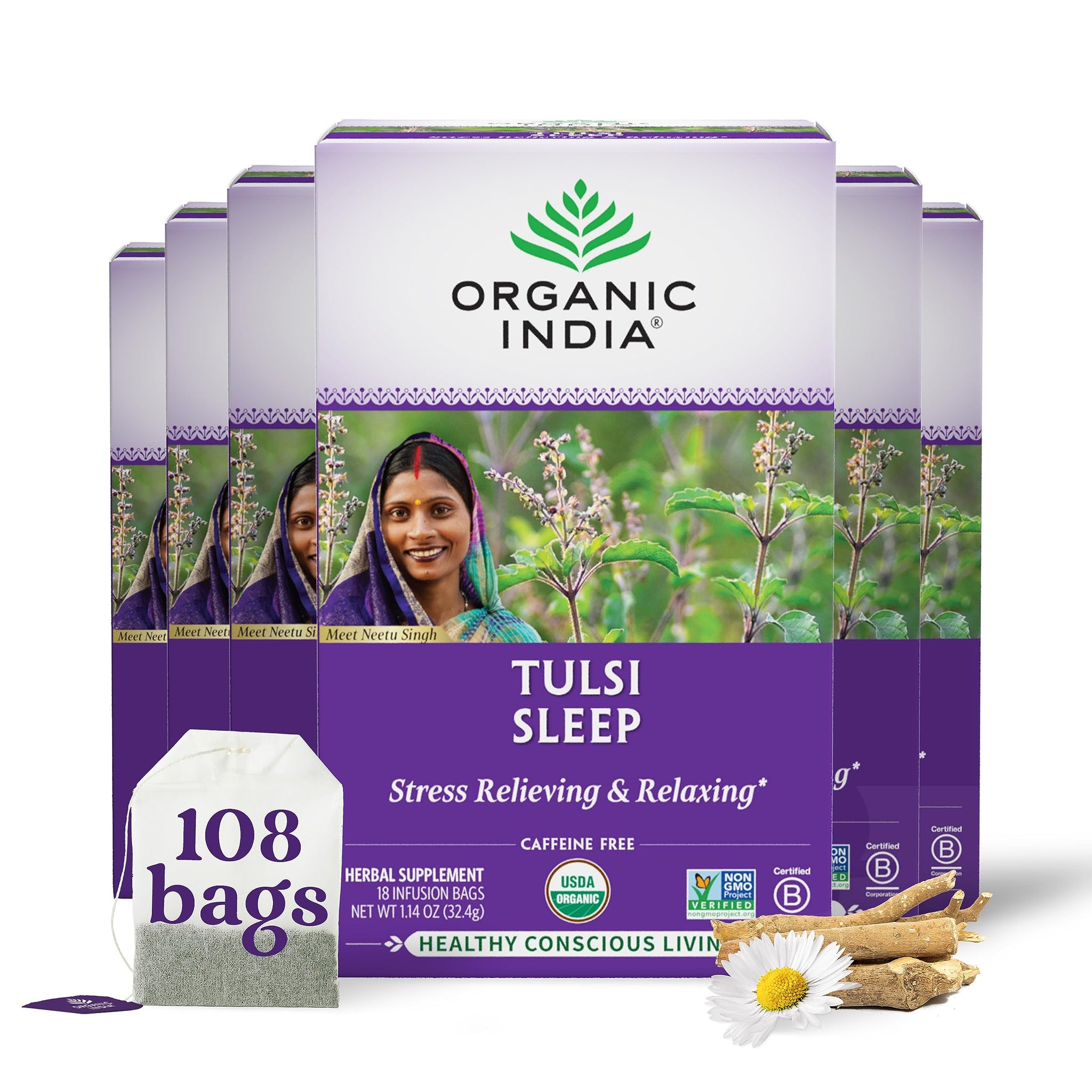 ORGANIC INDIA Tulsi Sleep Herbal Tea - Holy Basil, Ashwagandha, Chamomile, Night Time Tea for Bedtime, Stress Relieving & Relaxing, Immune Support