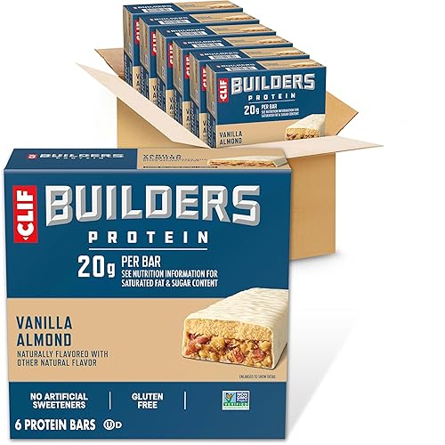CLIF BUILDERS Protein Bars - Vanilla Almond Flavor - 20g Plant Based Protein - Gluten Free - Non-GMO - Low Glycemic - No Artificial Sweeteners - 2.4