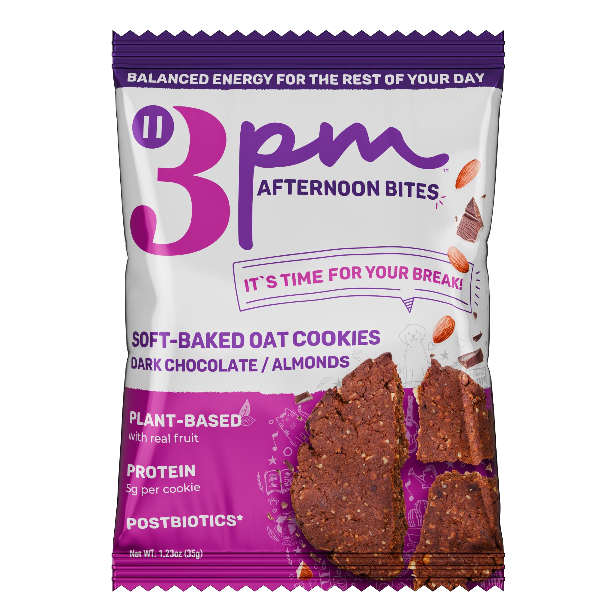 3PM Afternoon Bites Dark Chocolate Almond Functional Cookies, with Postbiotics and 5g of Protein, box of 12 individually wrapped cookies