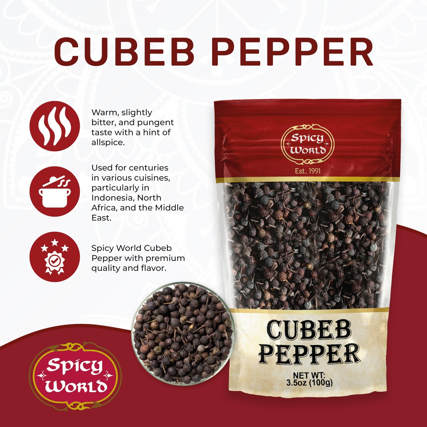 Spicy World Cubeb Pepper 3.5oz (100g) - Java Pepper - Premium Grade from Indonesia, Pure, Natural, Gluten free