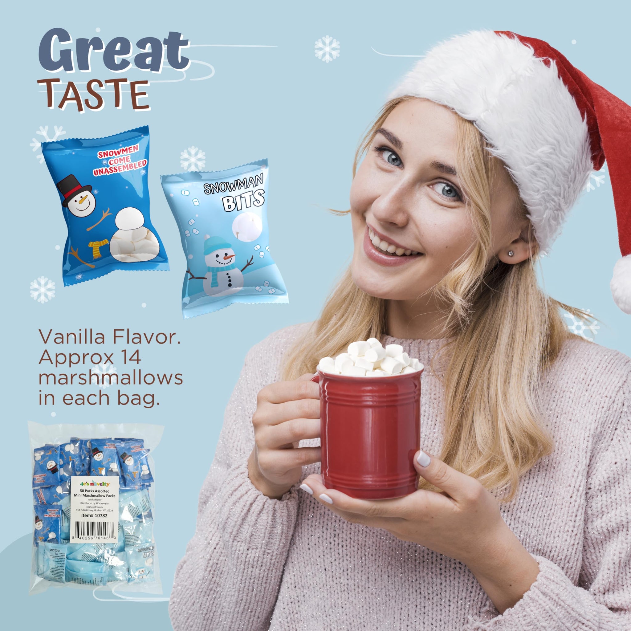 4E's Novelty 50 Packets Mini Marshmallows Individually Wrapped Packs for Hot Cocoa Toppers Christmas Marshmallows For Hot Chocolate Bar Supplies Party