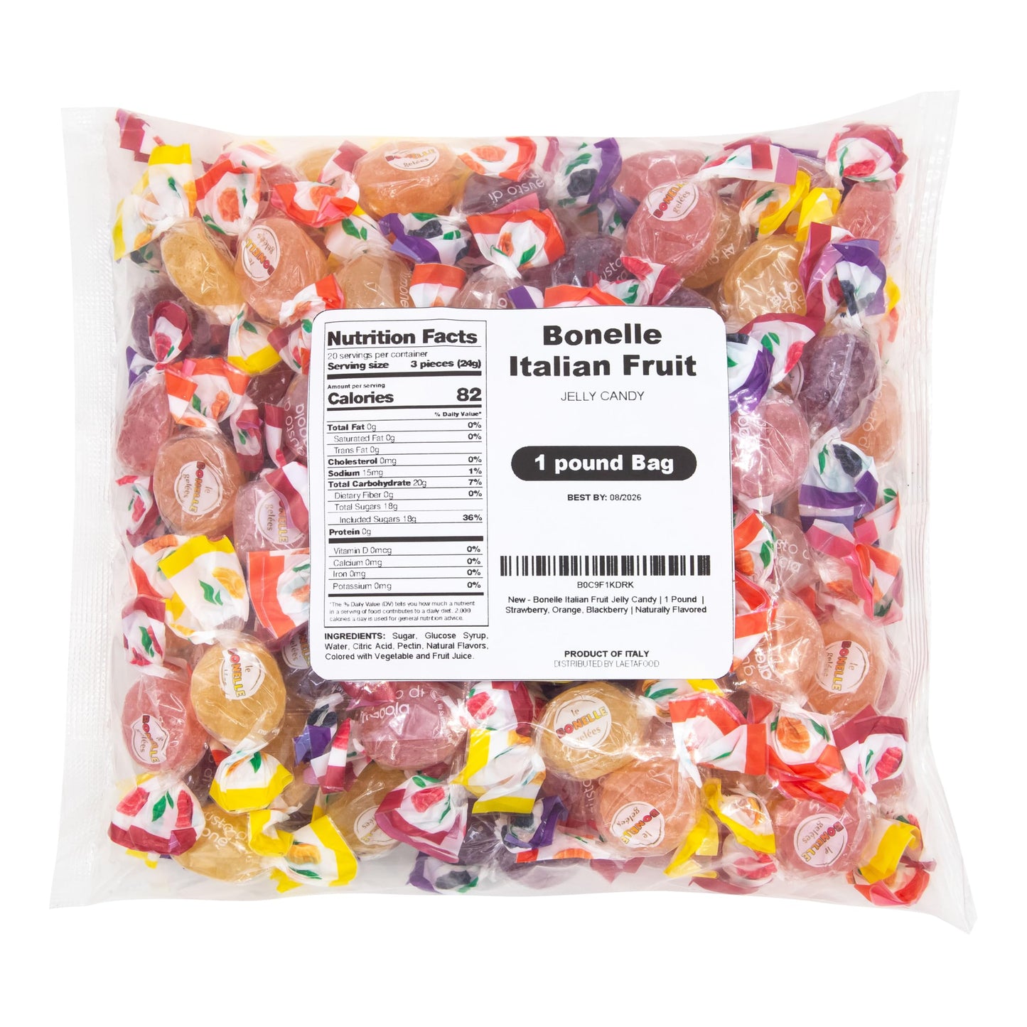 Bonelle Italian Fruit Jelly Candy | 1 Pound Bag | Vegan Dye Free Candy Individually Wrapped | Lemon, Strawberry, Orange, Blackberry | Naturally