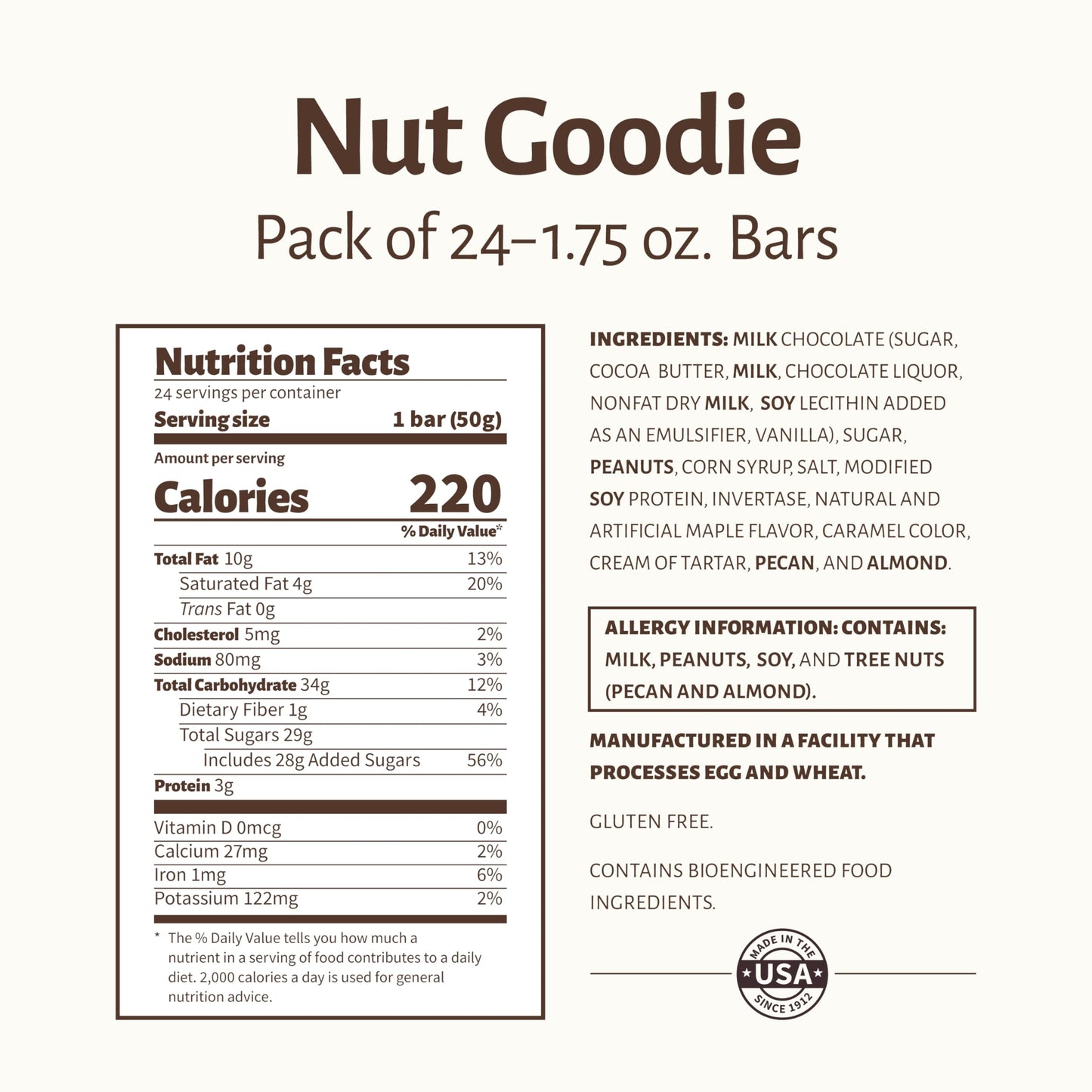 Pearson's Nut Goodie Cluster Bar | Roasted Peanuts, Real Milk Chocolate, and Maple Nougat | Pack of 24 | Individually Wrapped