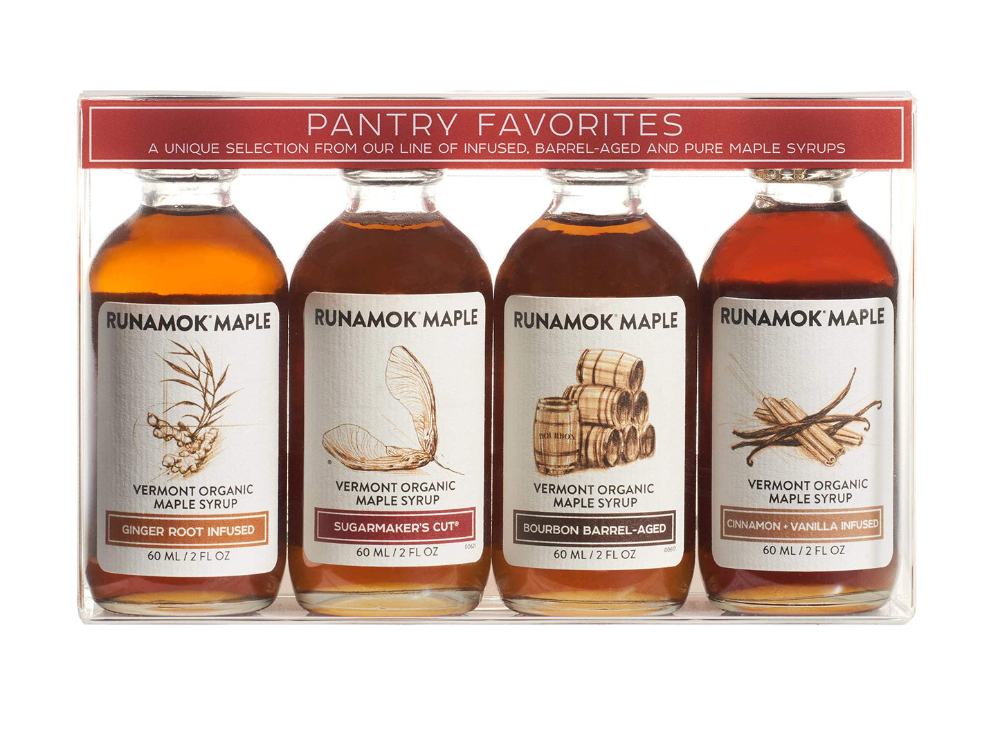 Runamok Organic Vermont Maple Syrup, Pantry Favorites Pairing Collection, 2 oz (4 count), 60mL, Traditional, Barrel-aged and Infused Organic Maple