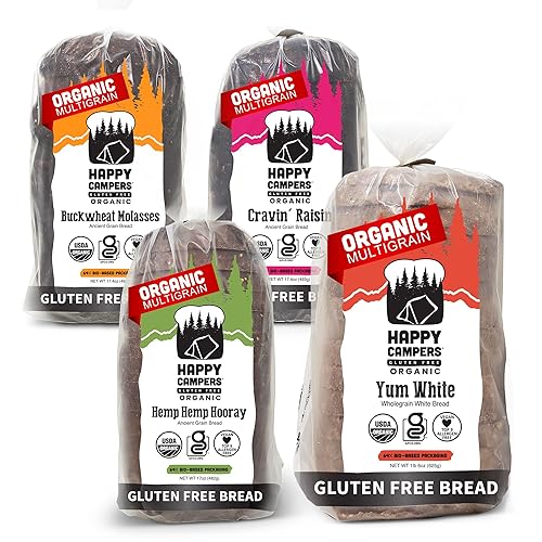 Happy Campers Variety Pack Gluten Free Bread, White Whole Grain, Cinnamon Raisin, Buckwheat Molasses, Hemp Multi-Seed, Non-GMO, Vegan, Organic
