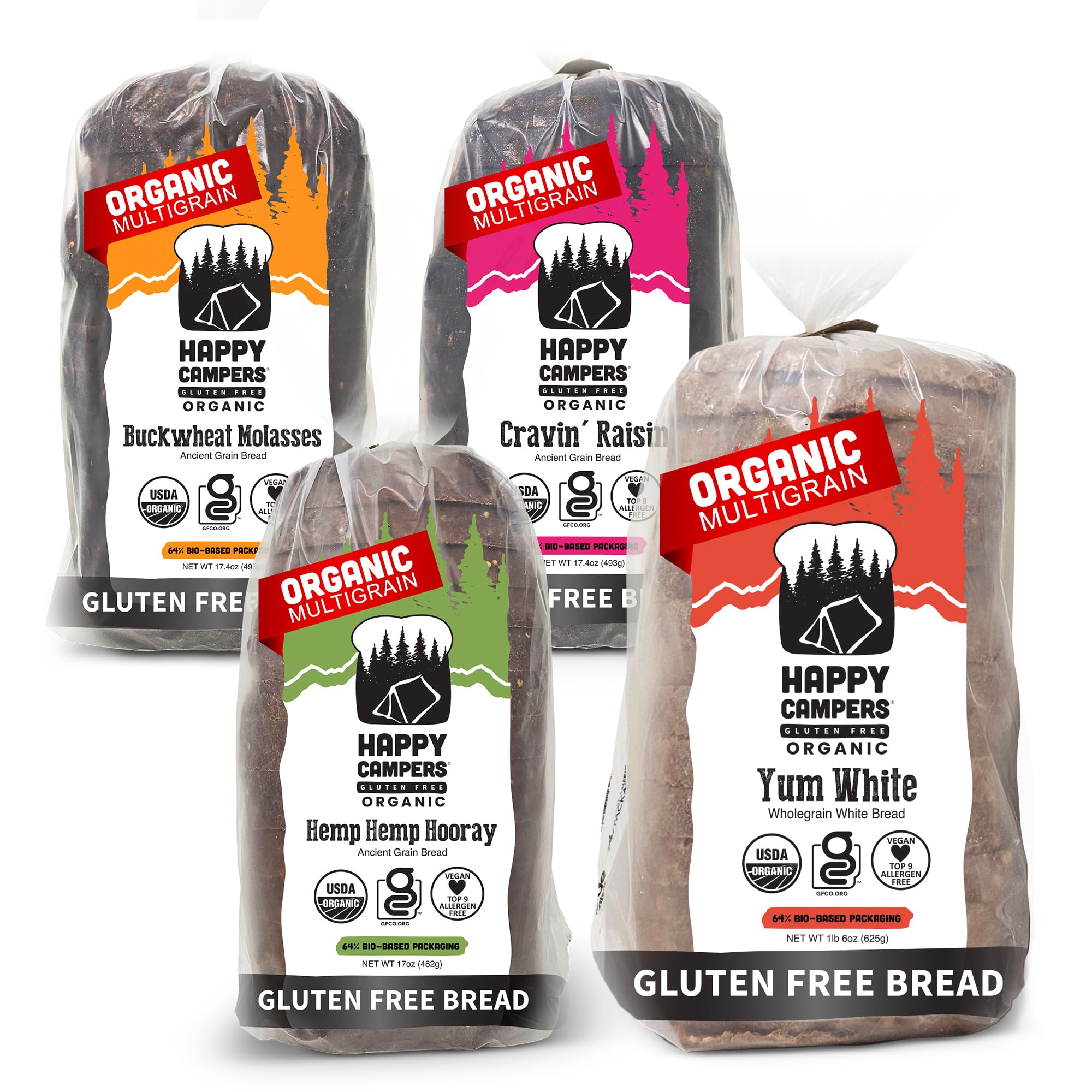 Happy Campers Variety Pack Gluten Free Bread, White Whole Grain, Cinnamon Raisin, Buckwheat Molasses, Hemp Multi-Seed, Non-GMO, Vegan, Organic