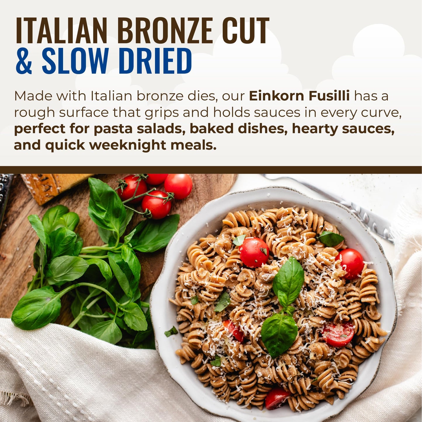 Grand Teton Ancient Grains Organic Einkorn Fusilli Pasta: Spiral Ancient Grain Pasta, Bronze Cut, Stone Milled, Non-GMO, Glyphosate Free, Pasta Salad