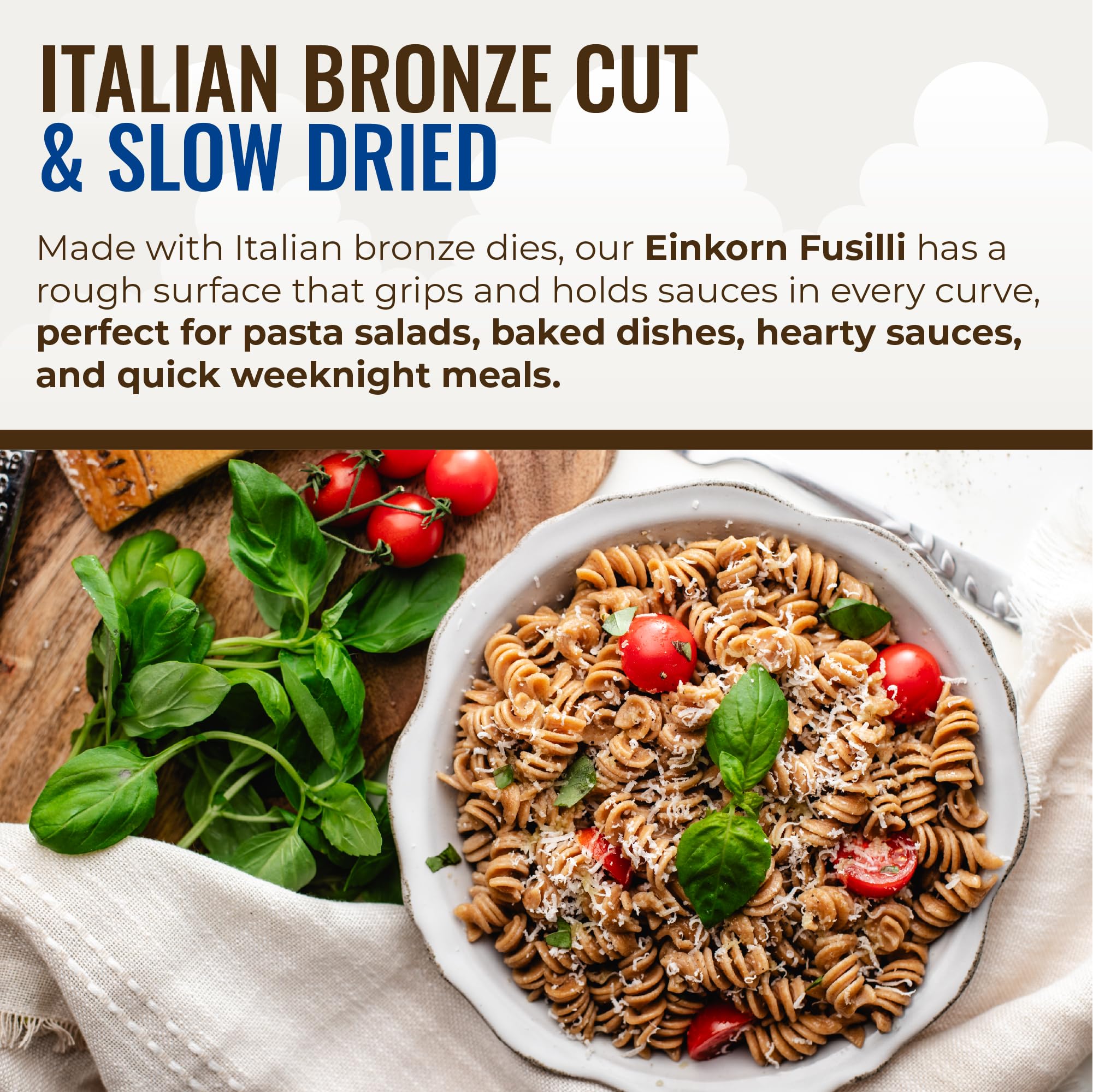 Grand Teton Ancient Grains Organic Einkorn Fusilli Pasta: Spiral Ancient Grain Pasta, Bronze Cut, Stone Milled, Non-GMO, Glyphosate Free, Pasta Salad
