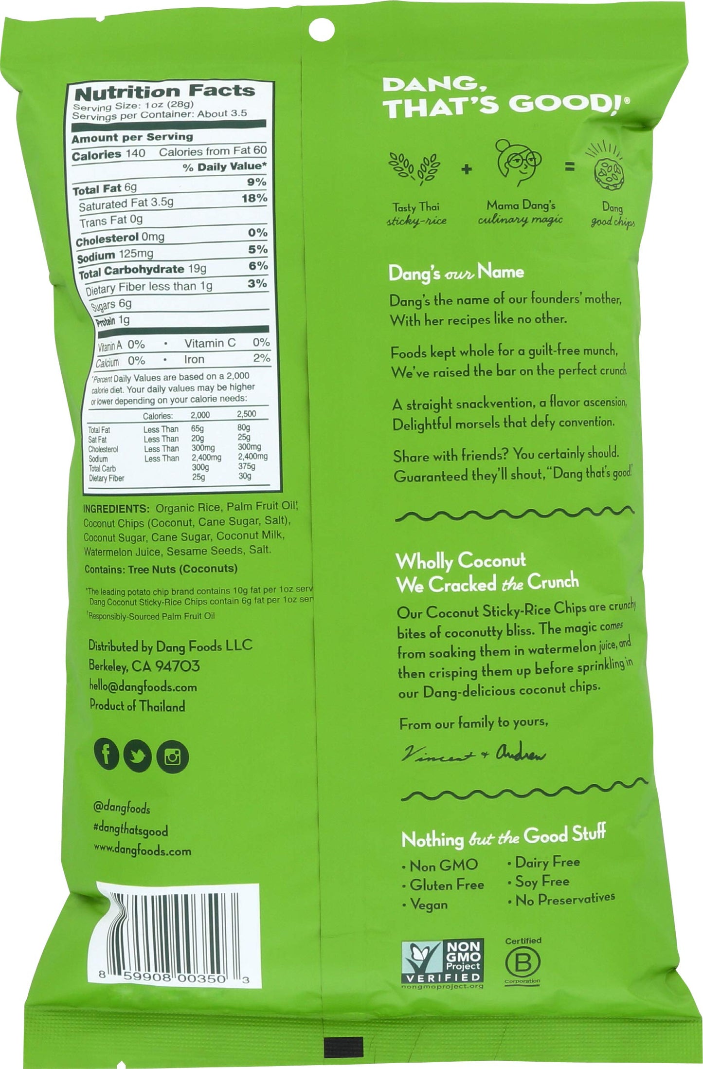 Dang Sticky Rice Chips, Coconut Crunch, 3.5 oz (1 Count), Gluten Free Rice Crisps