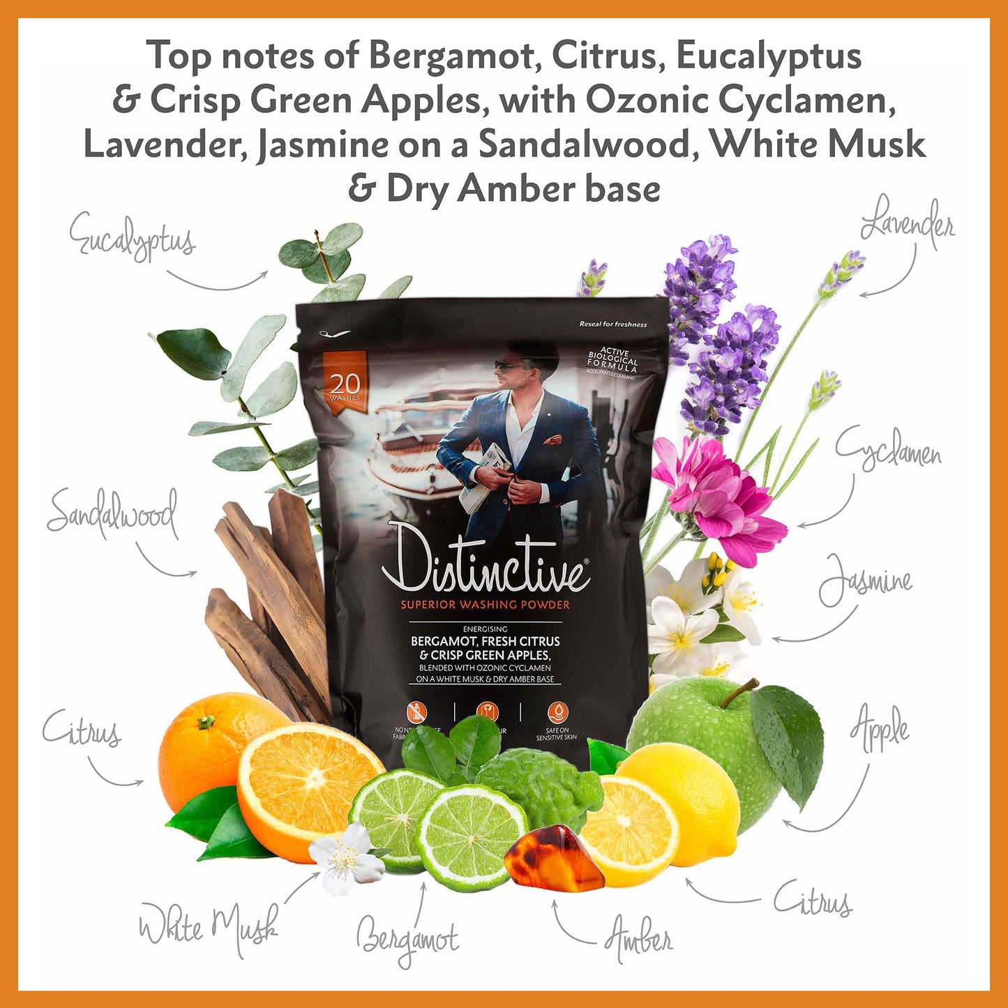 Mini Washing Powder Pack Perfect for Travel/Machine Washing/Soak Clean Hand Washing/Energising Bergamot and Citrus Fragrance/By Distinctive