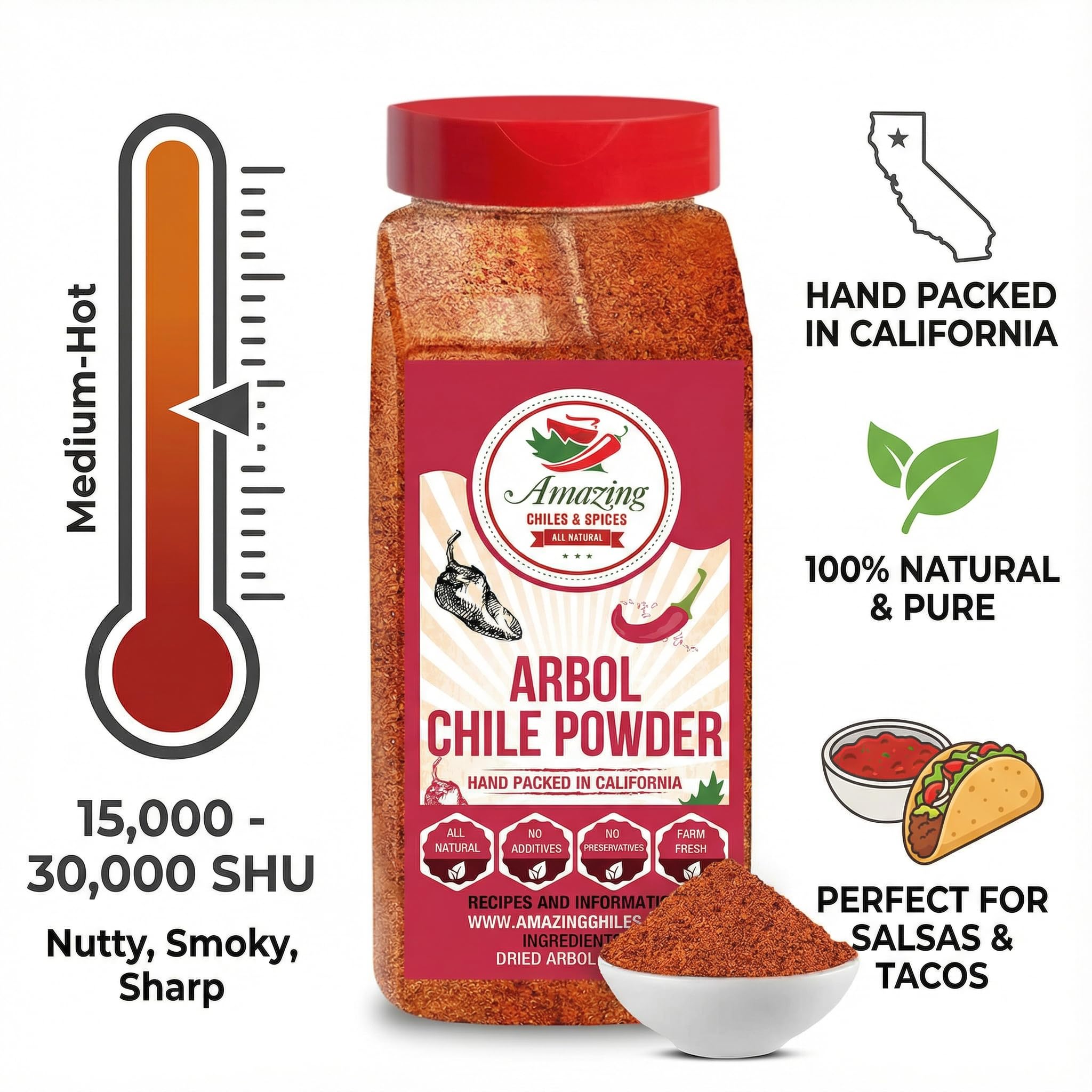 Chile de Arbol - Dried Red Chili Pepper Powder - 1LB (16oz) - Ground Peppers For Authentic Mexican Cuisine by Amazing Chiles & Spices