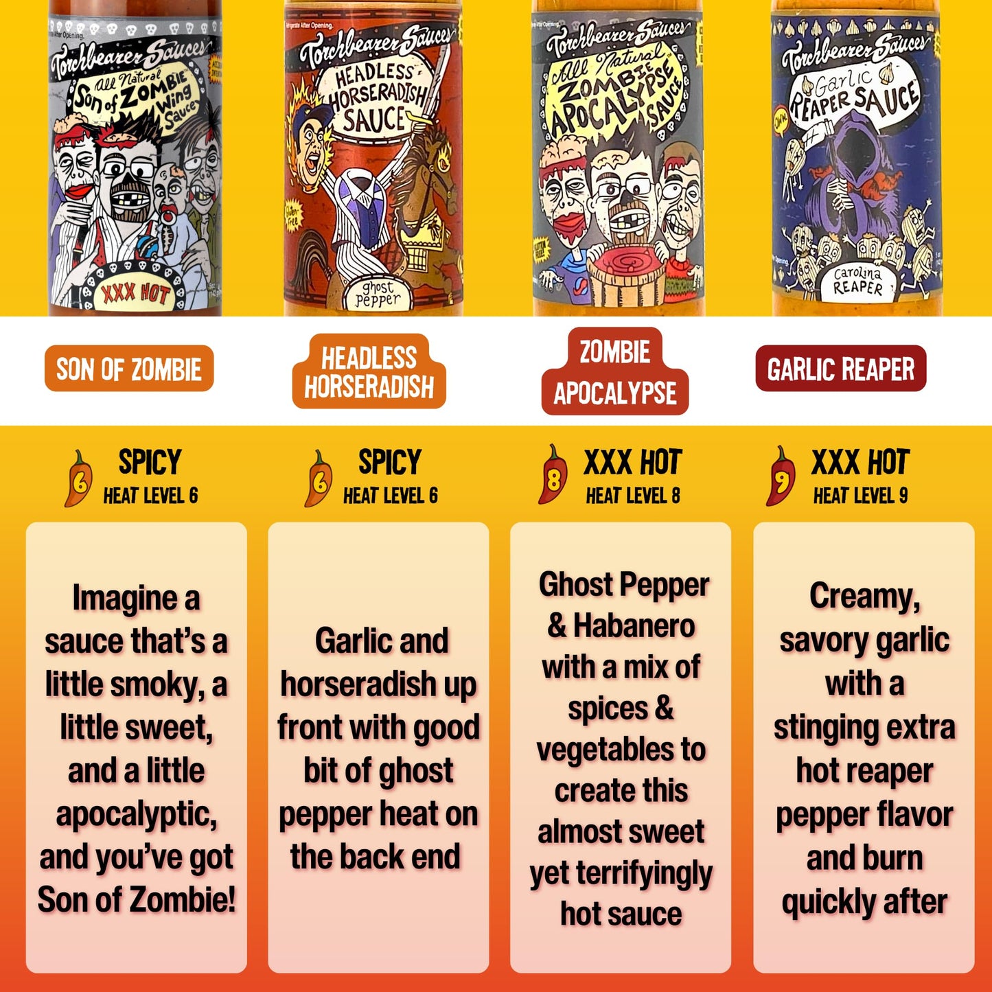 Torchbearer Hot Ones Variety Hot Sauce 4 pack, 5oz - Garlic Reaper, Son Of Zombie, Zombie Apocalypse, Headless Horseradish