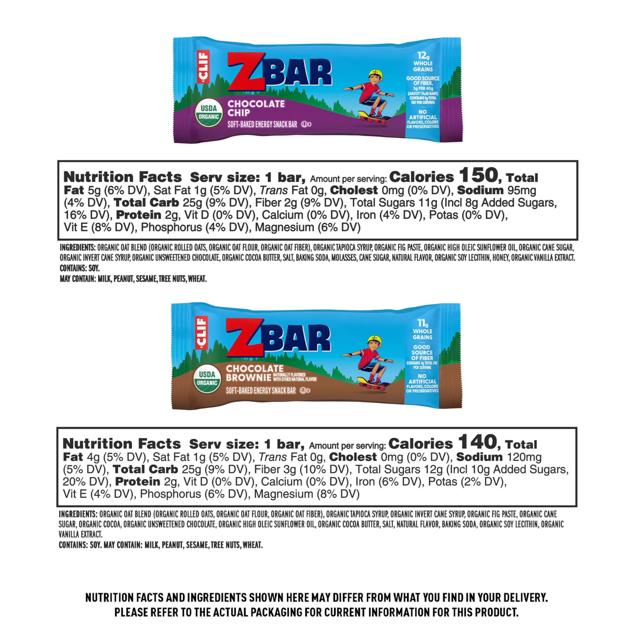 Zbar - Chocolate Chip and Chocolate Brownie - Variety Pack - Soft Baked Snack Bars - Non-GMO - 10-11g Whole Grains - USDA Organic Granola Bars (36