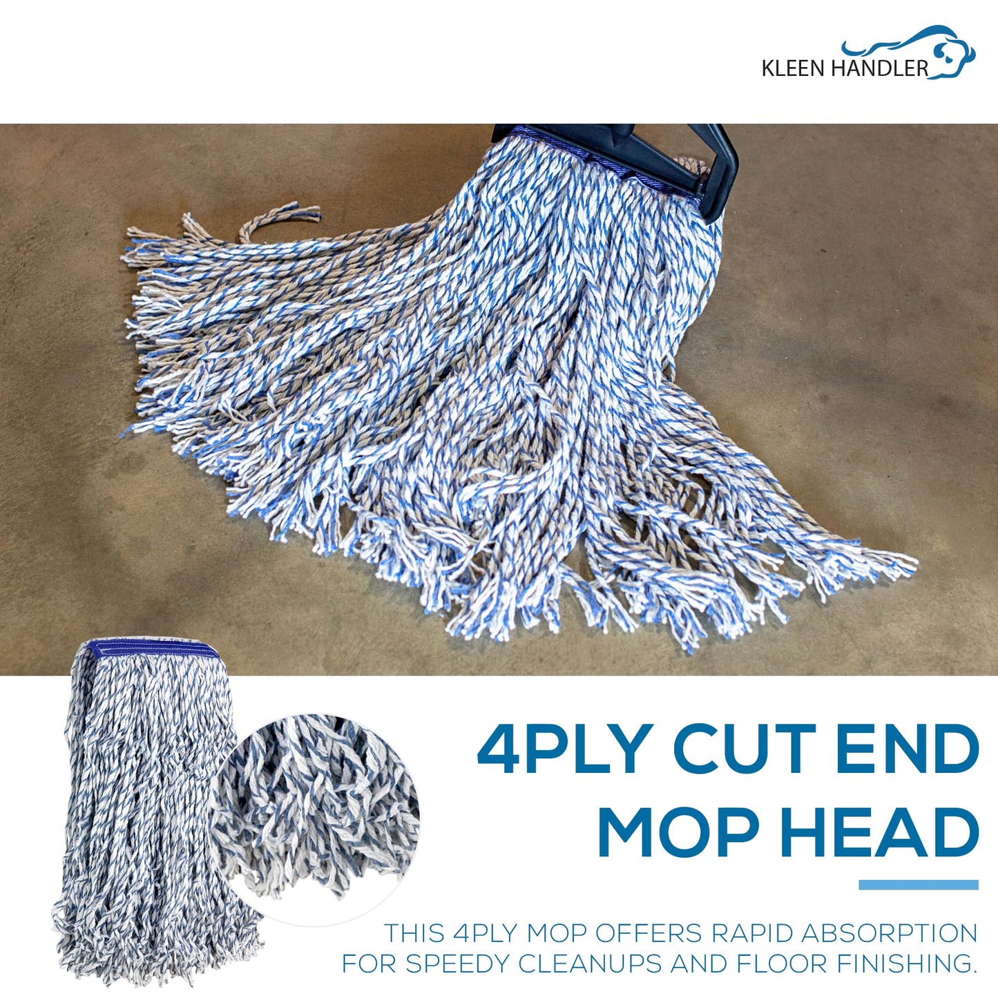 KLEEN HANDLER Cut End Finish Mop | 1.25" Universal Headband, Maximum Absorption Finishing Mop, Pack of 1