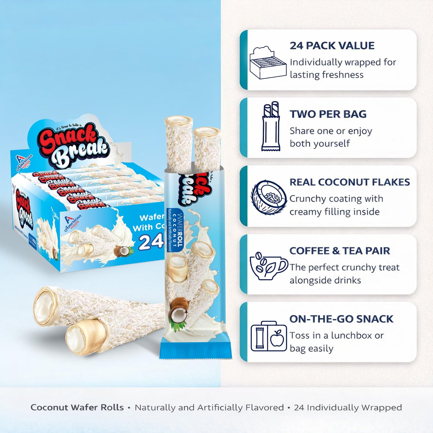 Snack Break Coconut Wafer Rolls, Crispy Rolled Wafer Cookies with Coconut Coating, Individually Wrapped On-the-Go Snack, 24 Count (Pack of 3)