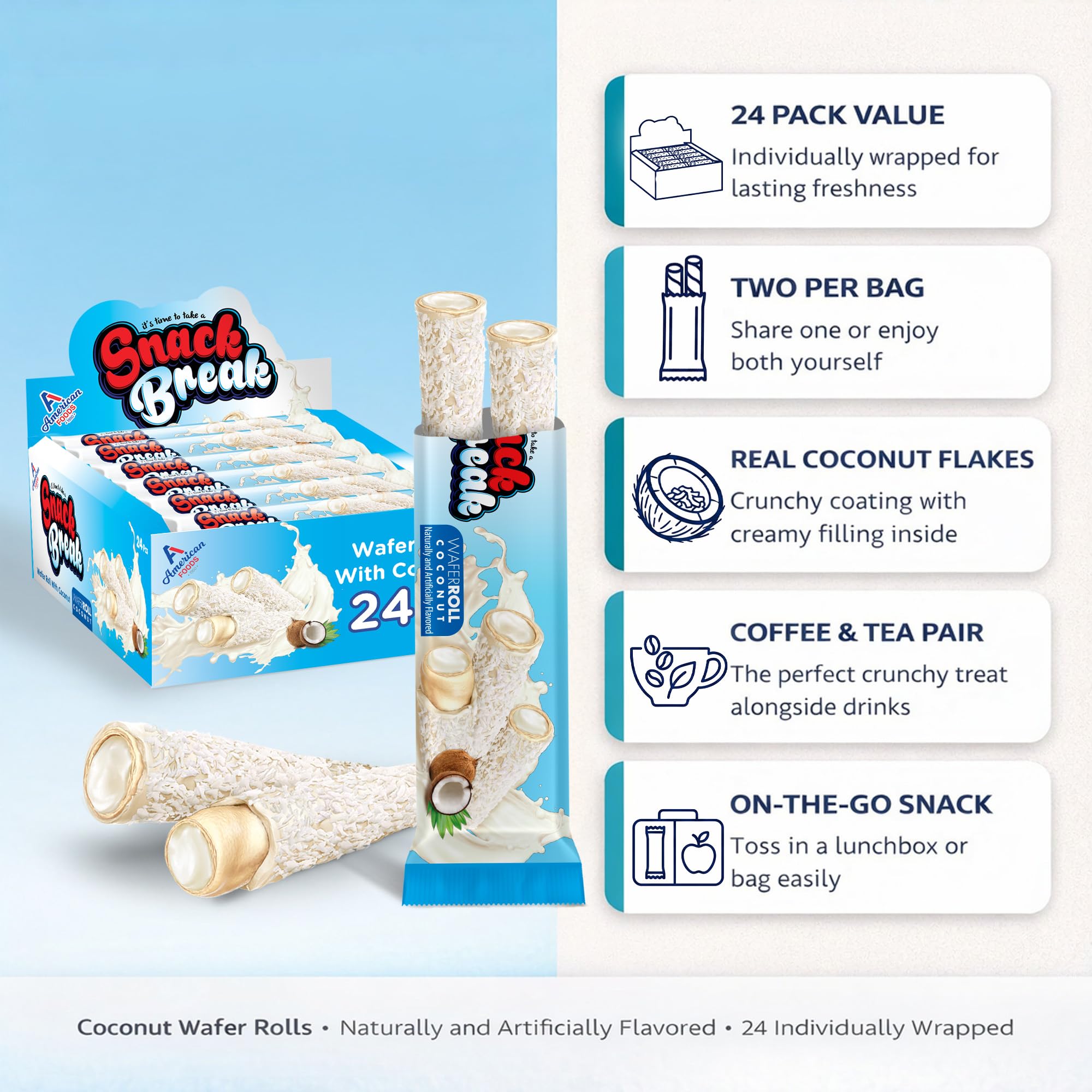 Snack Break Coconut Wafer Rolls, Crispy Rolled Wafer Cookies with Coconut Coating, Individually Wrapped On-the-Go Snack, 24 Count (Pack of 3)