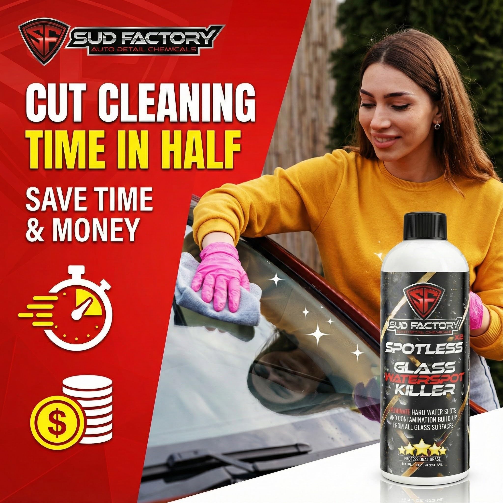 Sud Factory Hard Water Spot Remover for Glass Spotless X2 - Removes Water Stains from Shower Doors, Car Windows, Windshields - Professional Strength