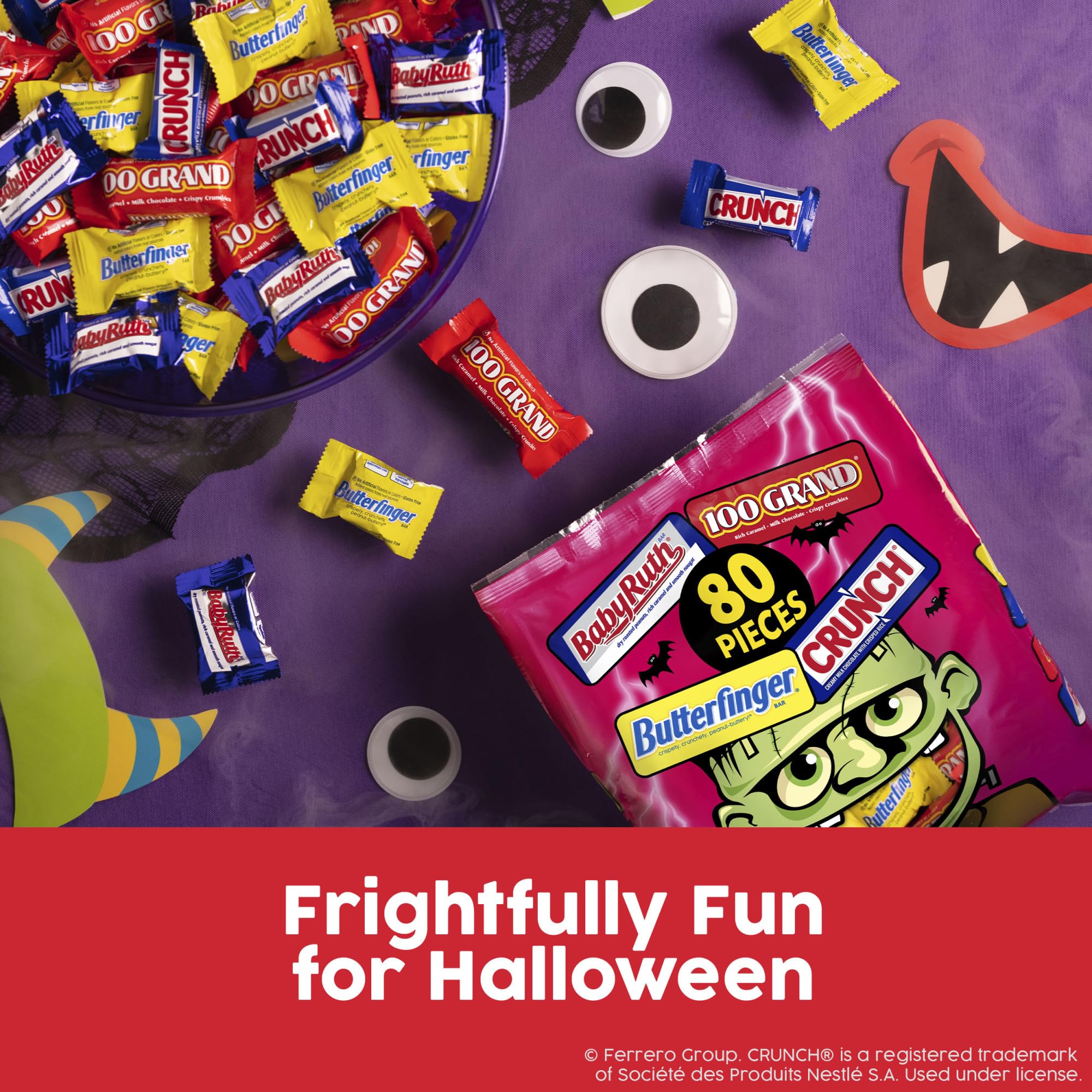 Butterfinger, CRUNCH, Baby Ruth, 100 Grand Fun Size, Assorted Candy Bars, Great for Sharing, Bulk 80 Count Pack, 32.1 oz