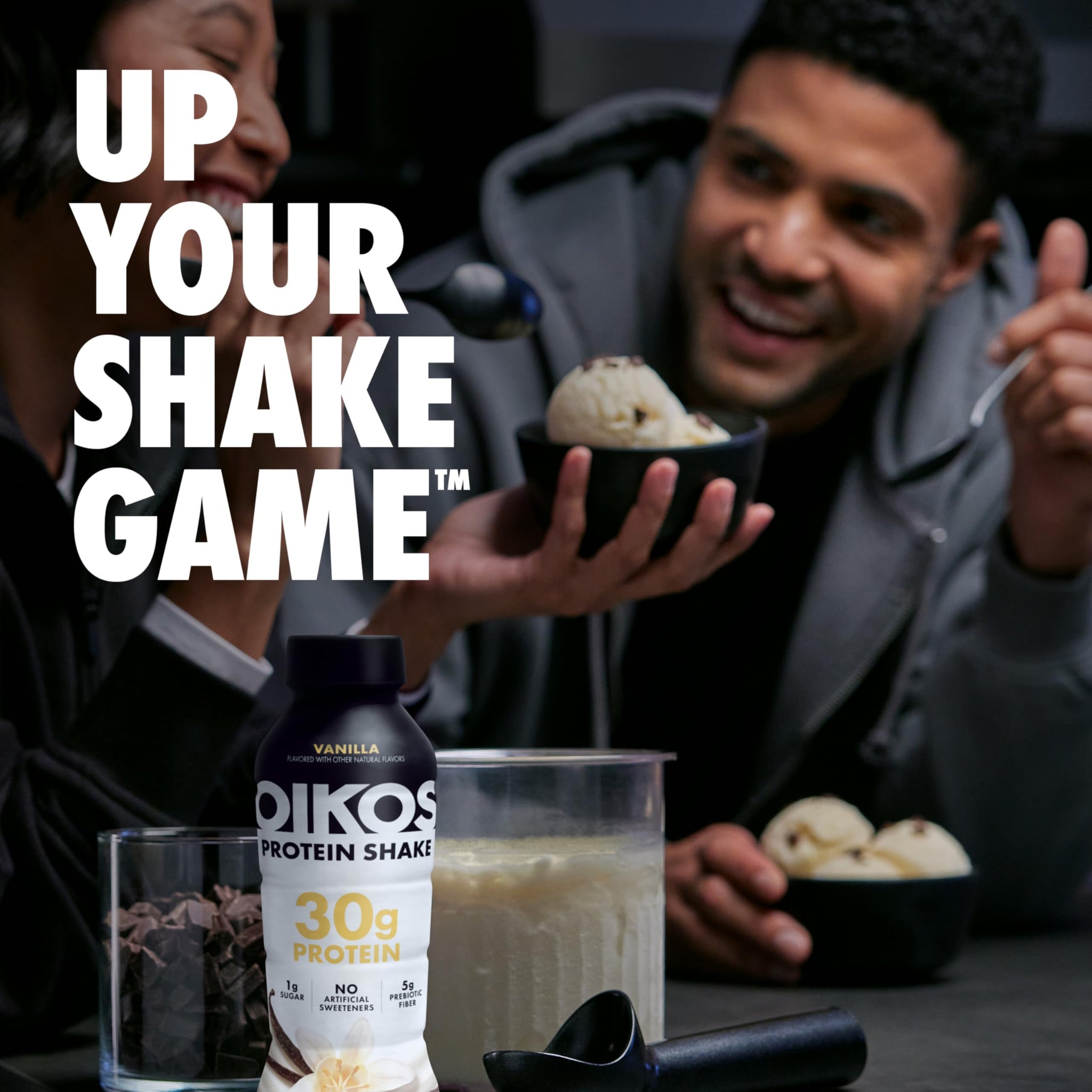 Oikos Protein Shake, Vanilla, 30g High Protein Drinks, Shelf Stable, Ready to Drink, 5g Prebiotic Fiber, 12 fl oz Bottle, 12 Count