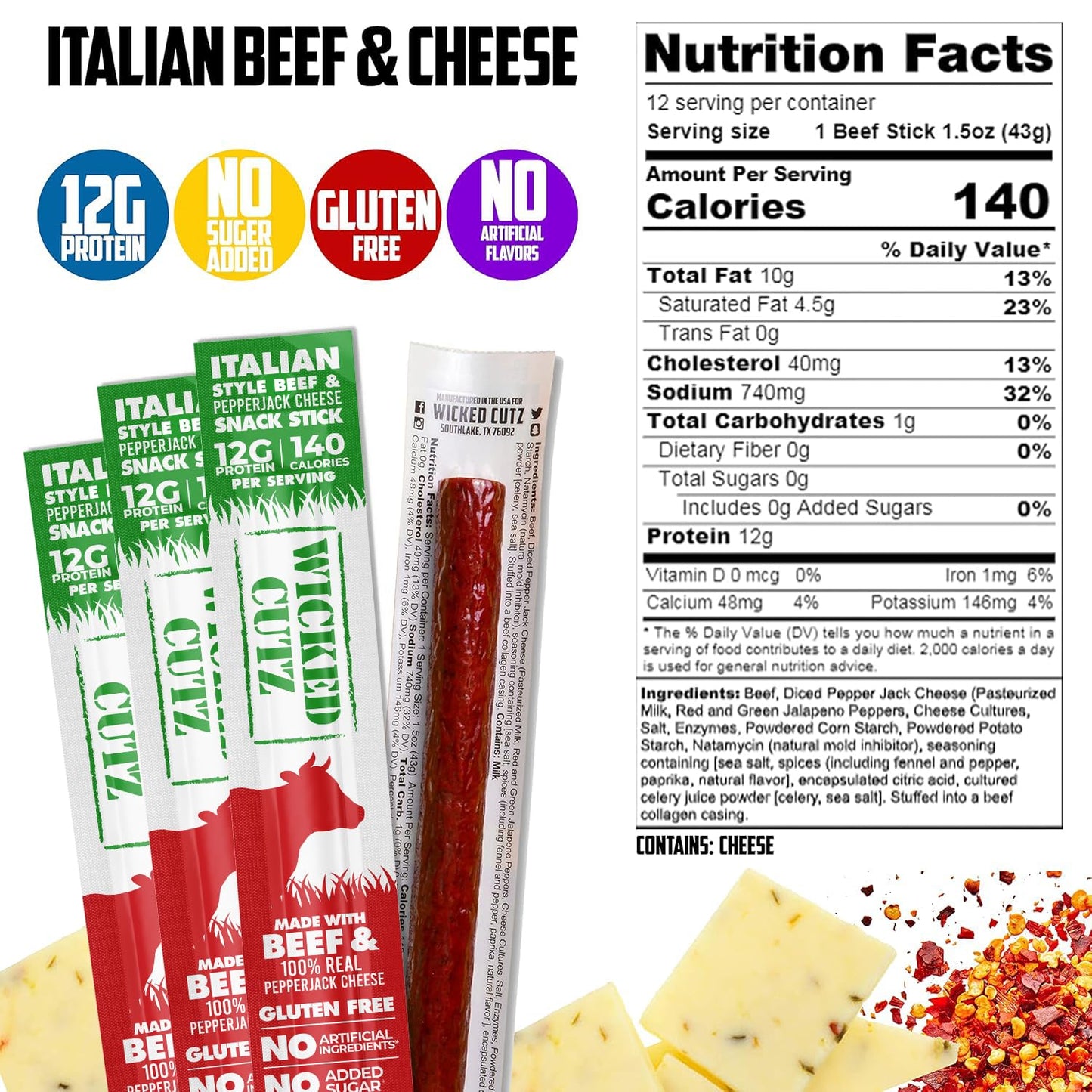 Italian Beef & Cheese Sticks, 12g Protein Per Beef Stick, Tender & Juicy Meat Stick with Real Pepper Jack Cheese, USA Made High Protein Meat Sticks