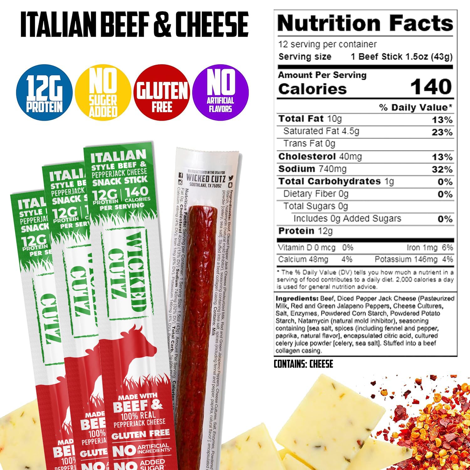 Italian Beef & Cheese Sticks, 12g Protein Per Beef Stick, Tender & Juicy Meat Stick with Real Pepper Jack Cheese, USA Made High Protein Meat Sticks