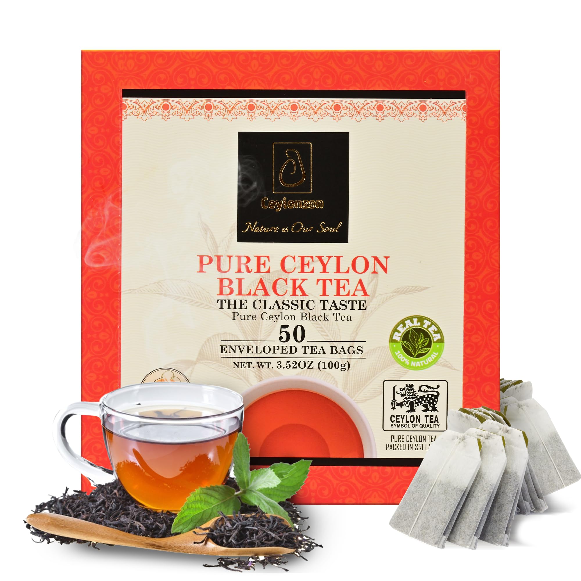 Ceylonzon Pure Ceylon Black Tea Classic Taste 50 Individually Foil-Wrapped Tea Bags, Premium BOPF SriLankan Tea with Rich Antioxidant, Perfect for Hot