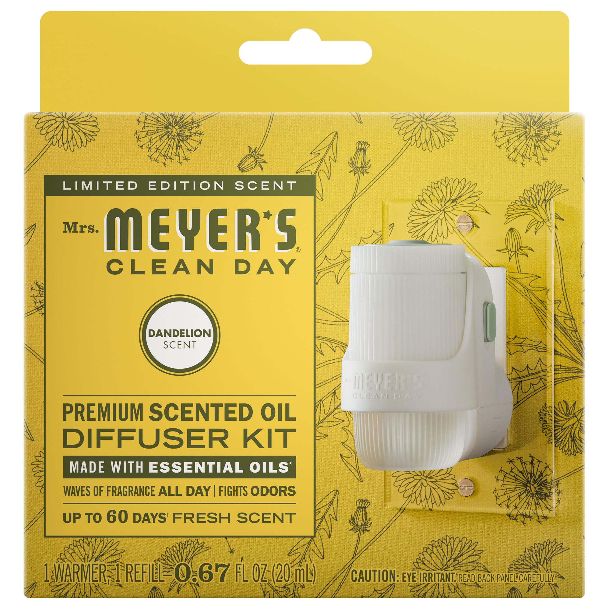 MRS. MEYER'S CLEAN DAY Premium Scented Oil Diffuser Kit, Dandelion, 1 warmer and .67 fl oz refill