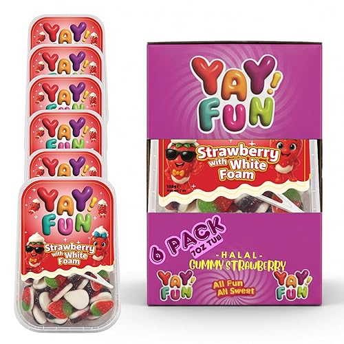 Halal Strawberry Gummy with White Foam | 6 Pack Bundle (6x7 oz Tubs) | Soft & Chewy Strawberry Gummies | Resealable Tubs in Bulk with Display Box |