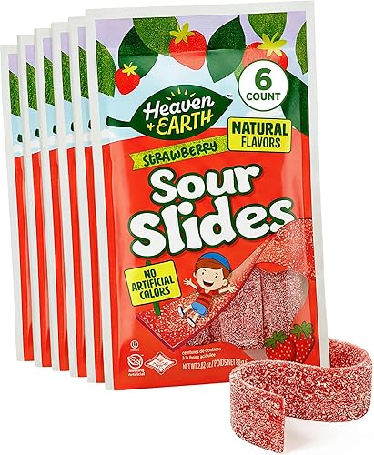 Heaven & Earth Strawberry Sour Slides Candy, 2.8 oz (6 Pack) | Sour Belts | Natural Flavors, No Artificial Colors | Made with Real Fruit Juice |