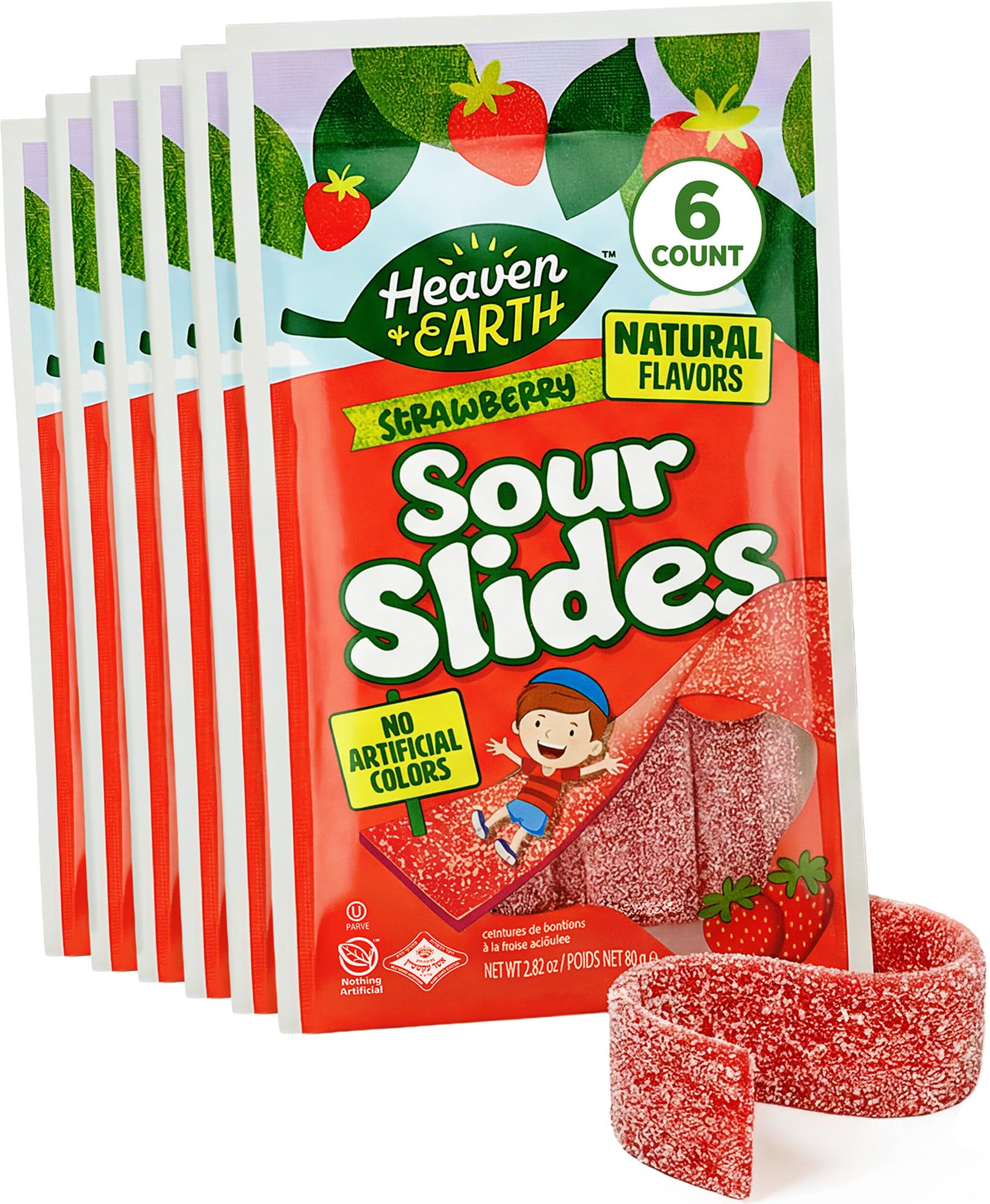 Heaven & Earth Strawberry Sour Slides Candy, 2.8 oz (6 Pack) | Sour Belts | Natural Flavors, No Artificial Colors | Made with Real Fruit Juice |