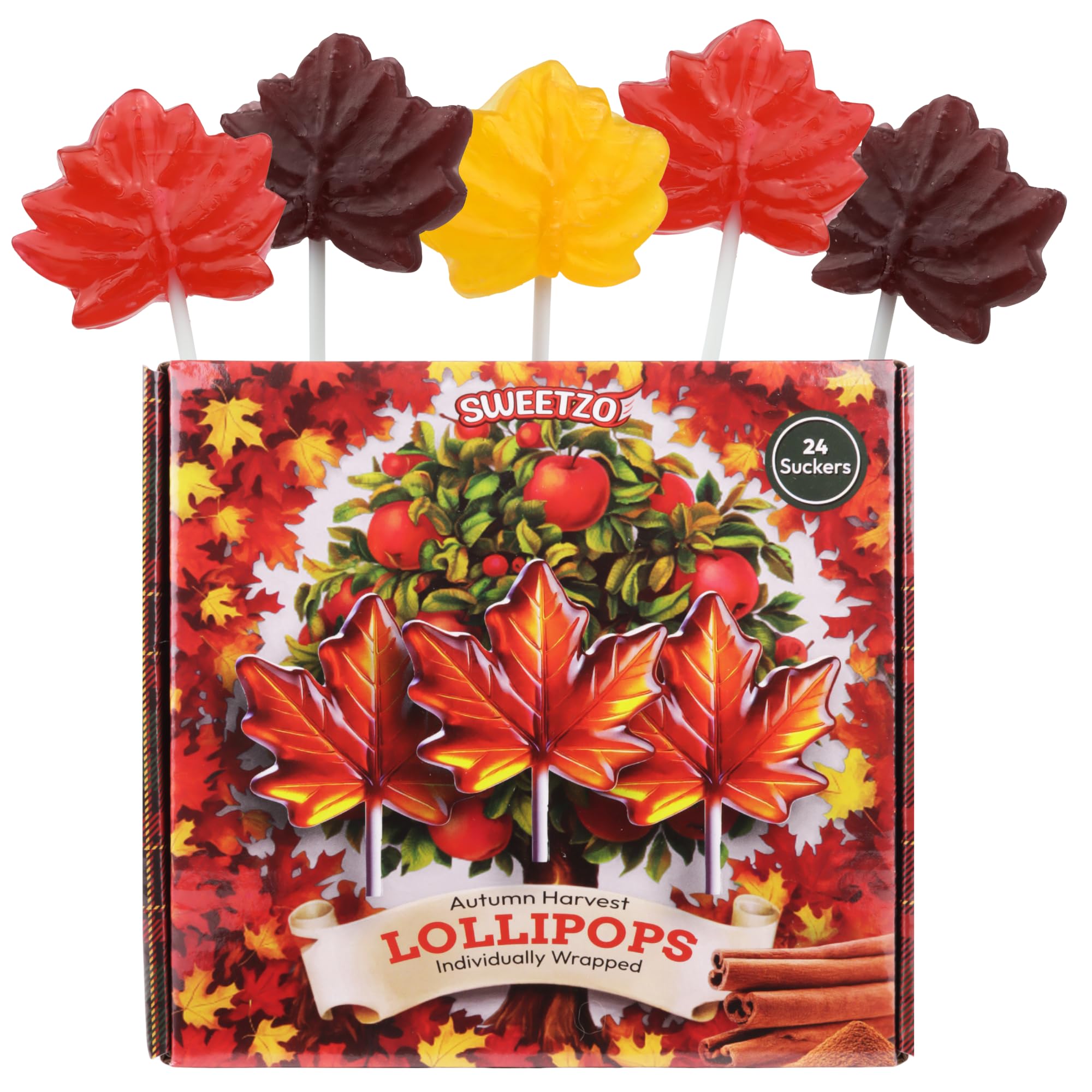 Autumn Leaf Lollipops, Individually Wrapped Thanksgiving and Fall Themed Candy, Caramel, Green Apple, and Maple Cinnamon, 24 Suckers