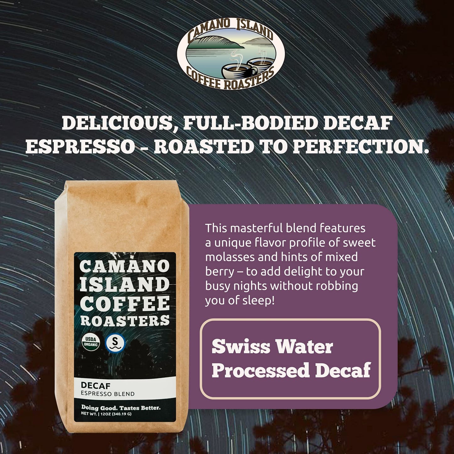 Camano Island Coffee Roasters Decaf Espresso Blend, Ground 12oz, Fresh Dark Roast Swiss Water Processed, USDA Organic, Fairly Traded, Shade Grown Top
