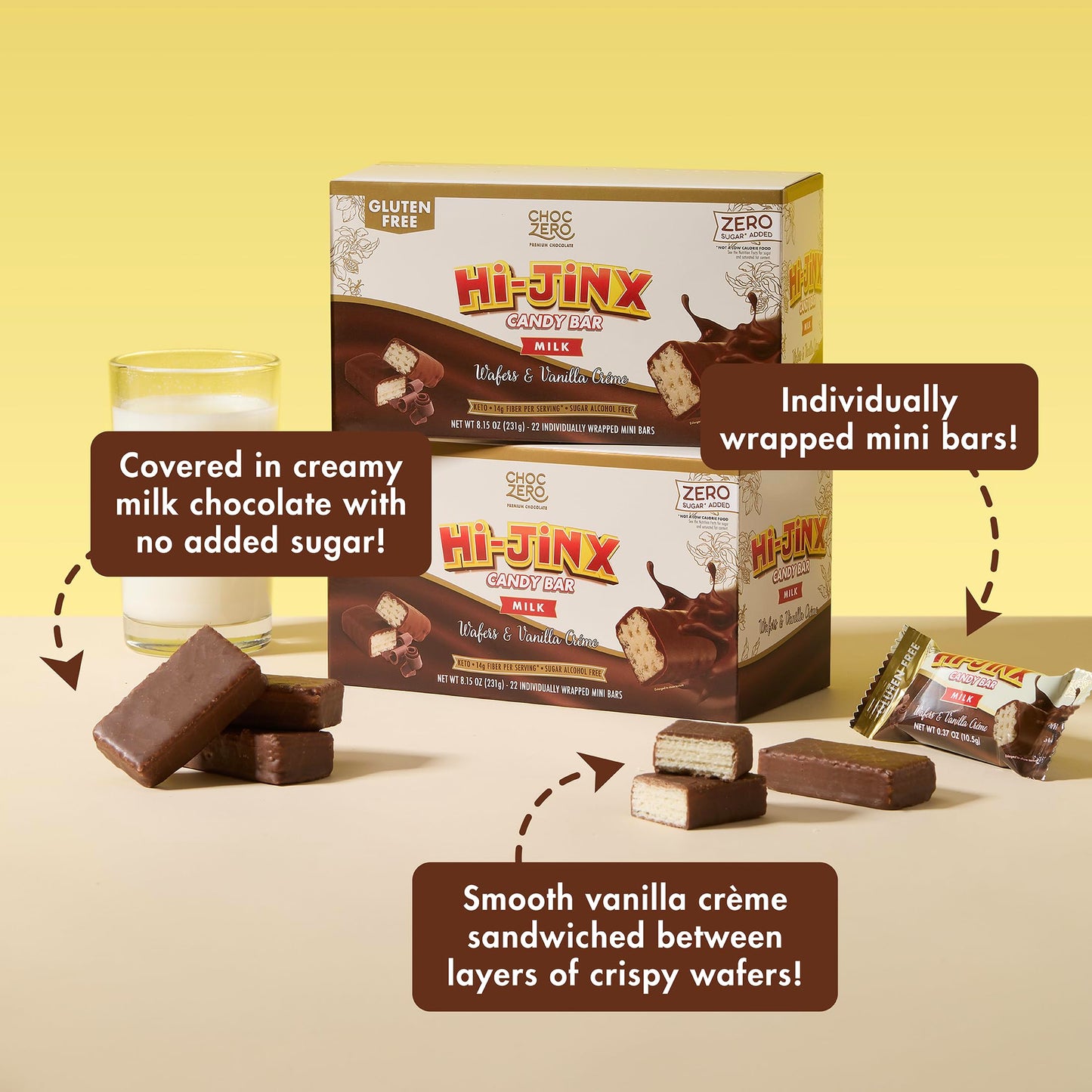 ChocZero Hi-Jinx Milk Chocolate Wafer Bars - Gluten Free, No Sugar Added, Keto Candy Bar with Vanilla Crème, 22 Individually Wrapped Minis, 8.15 oz