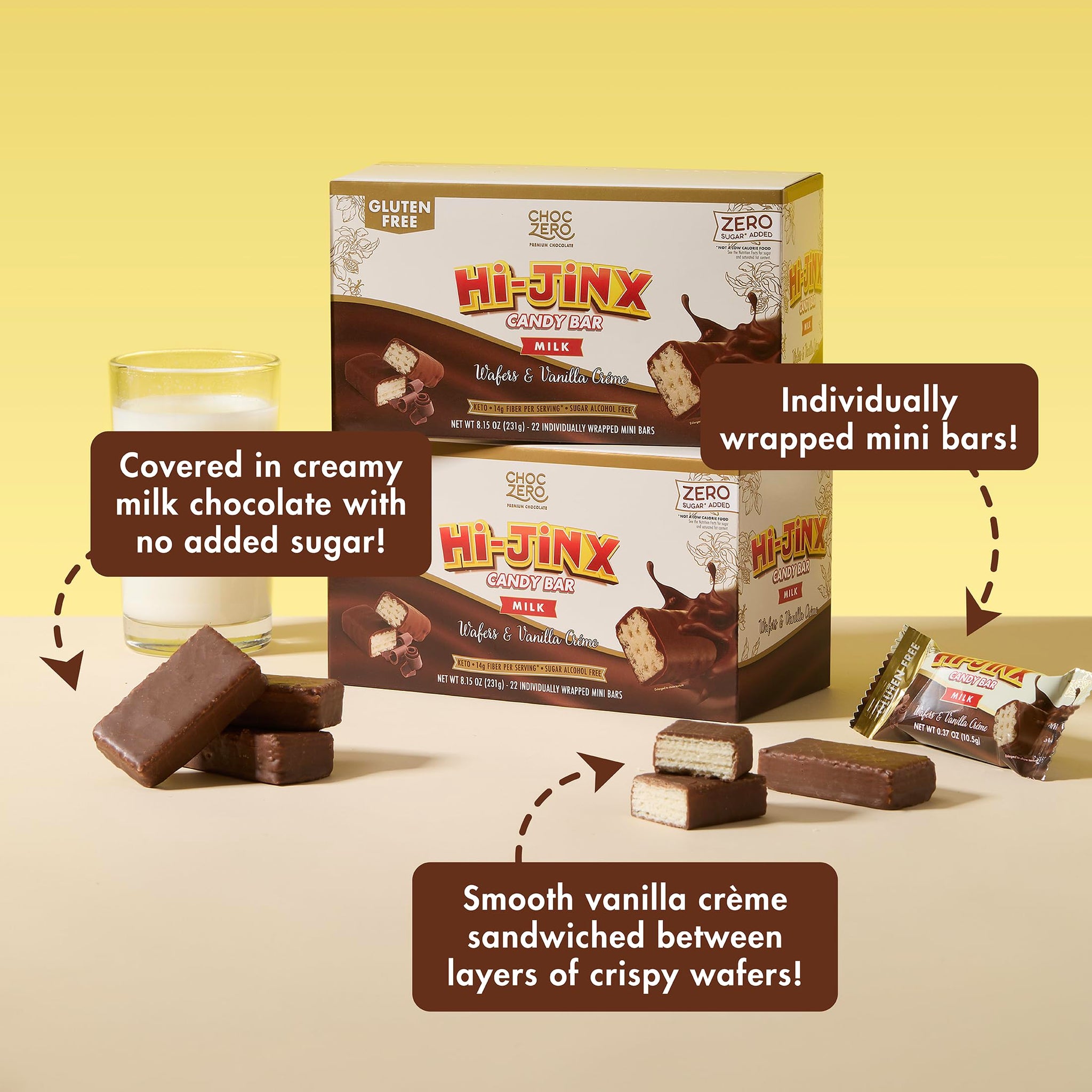 ChocZero Hi-Jinx Milk Chocolate Wafer Bars - Gluten Free, No Sugar Added, Keto Candy Bar with Vanilla Crème, 22 Individually Wrapped Minis, 8.15 oz