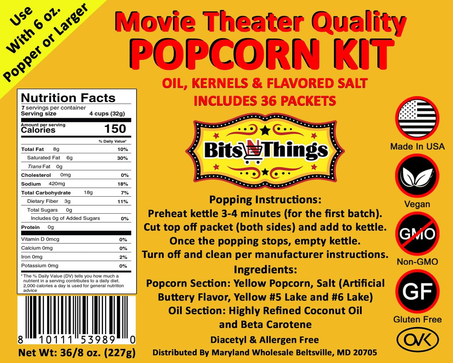 Home Theater All in One Popcorn Kit For 6 oz. Popper | Portion Packets with Kernels, Oil and Flavored Salt | By Bits N Things | Pack of 36