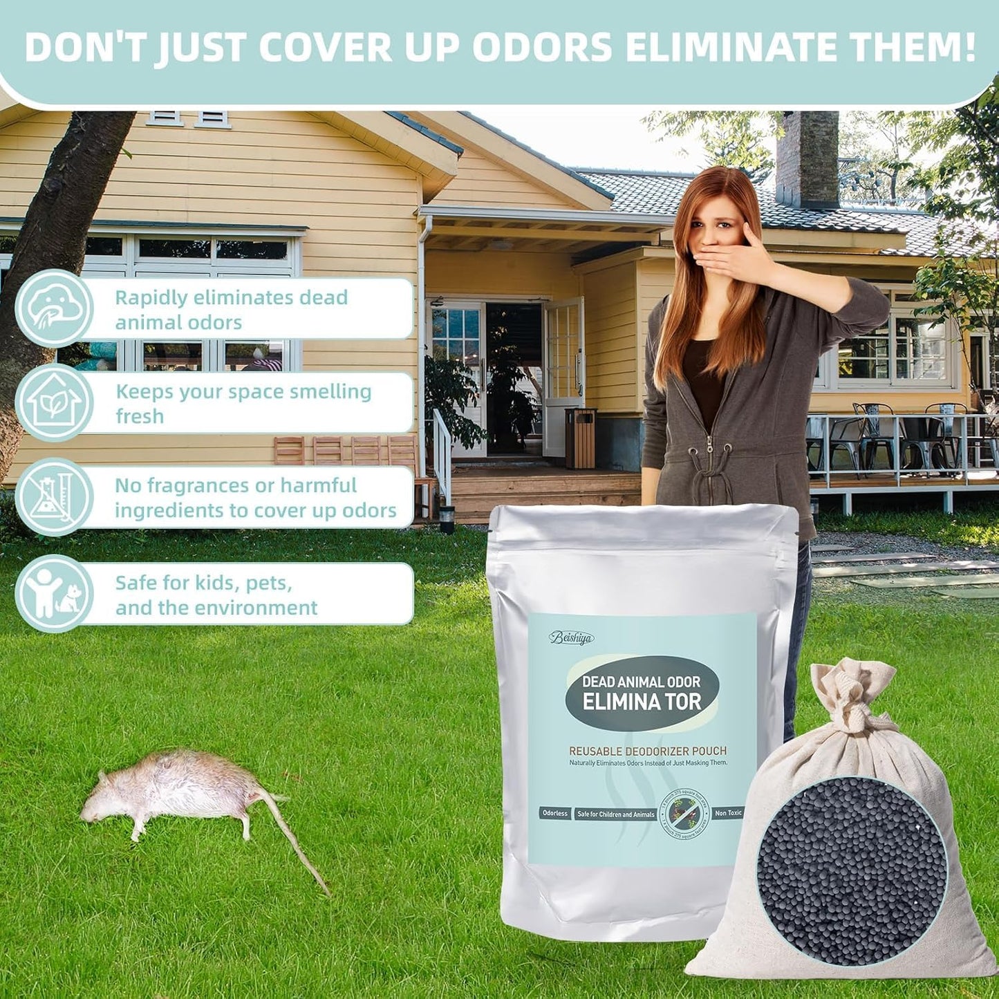 Dead Animal Odor Eliminator, Eliminate Dead Mouse Smell-Reusable Deodorant Pouch for Dead Rodent in Wall Smell -Covers 375 Sq Ft, 1 Bag