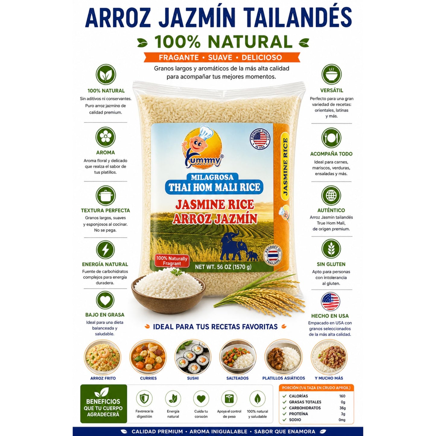 Yummmy Jasmine Rice 4 Lb, Kosher Certified, From Thailand, Scented Aromatic Rice long grain. Thai Hom Mali