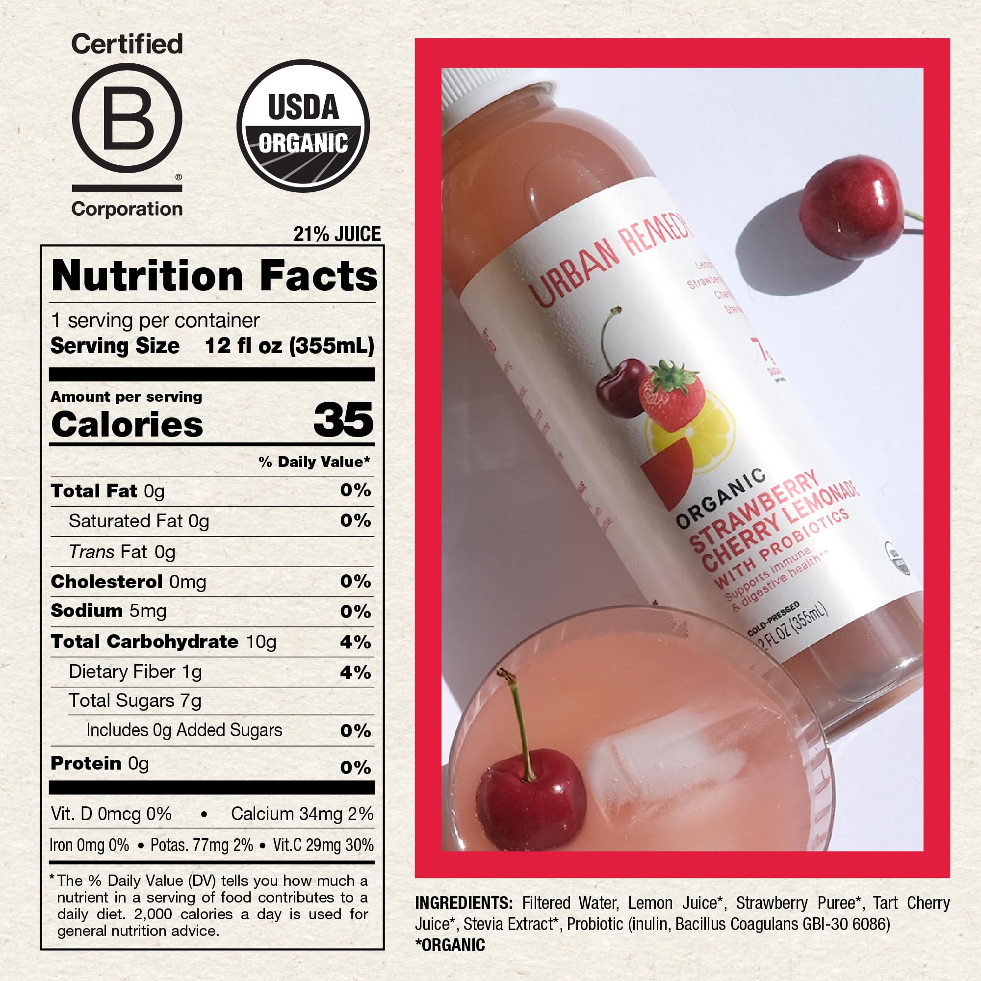 Urban Remedy Organic Strawberry Cherry Lemonade, Fruit-Infused Probiotic Drink with Vitamin C, No Sugar Added, Gluten-Free, Vegan, Non-GMO, 12 fl oz