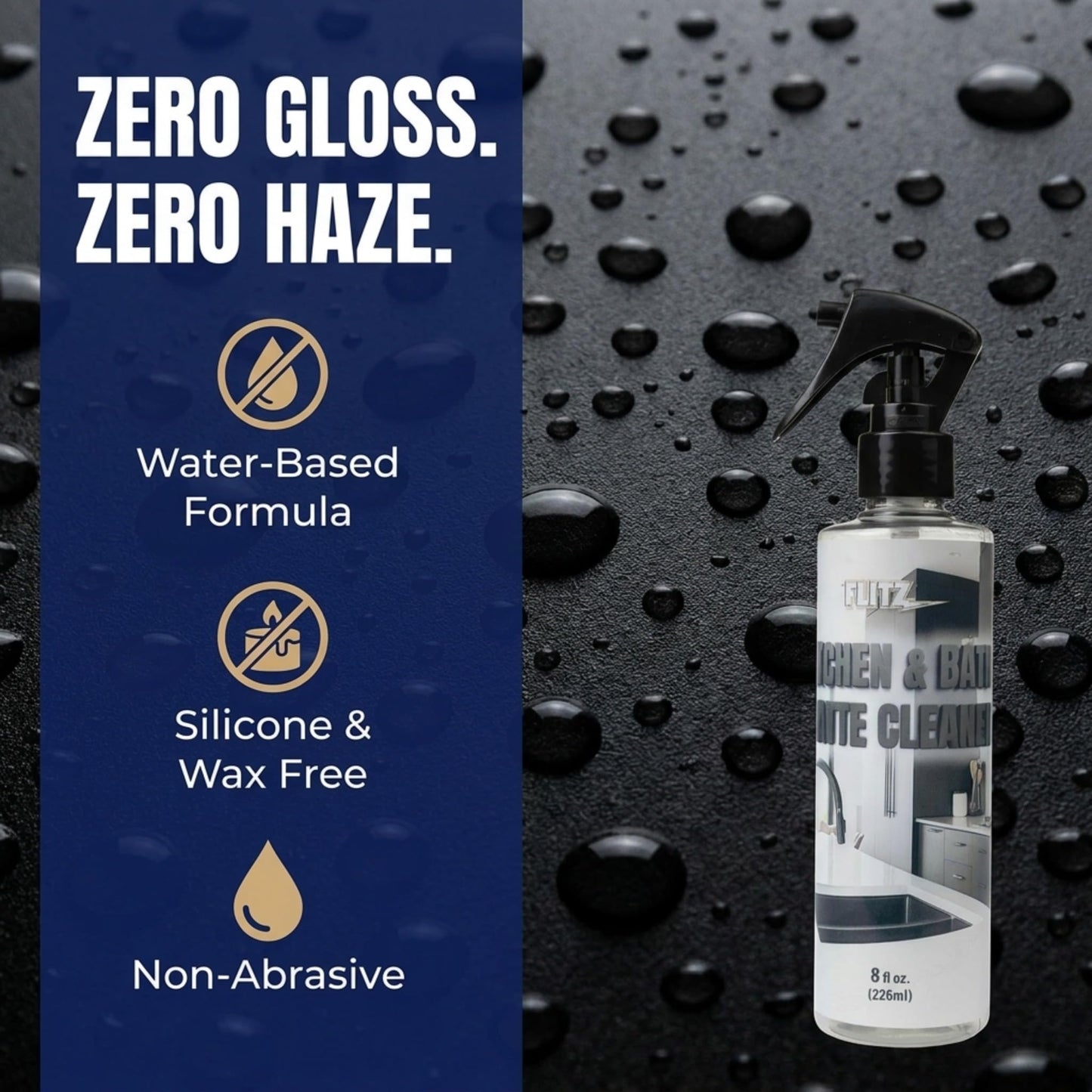 FLITZ Kitchen & Bath Matte Cleaner - 8oz of USA-Made Non-Abrasive Matte Black Cleaner - Removes Light Grease, Smudges, and Water Spots - Water-Based