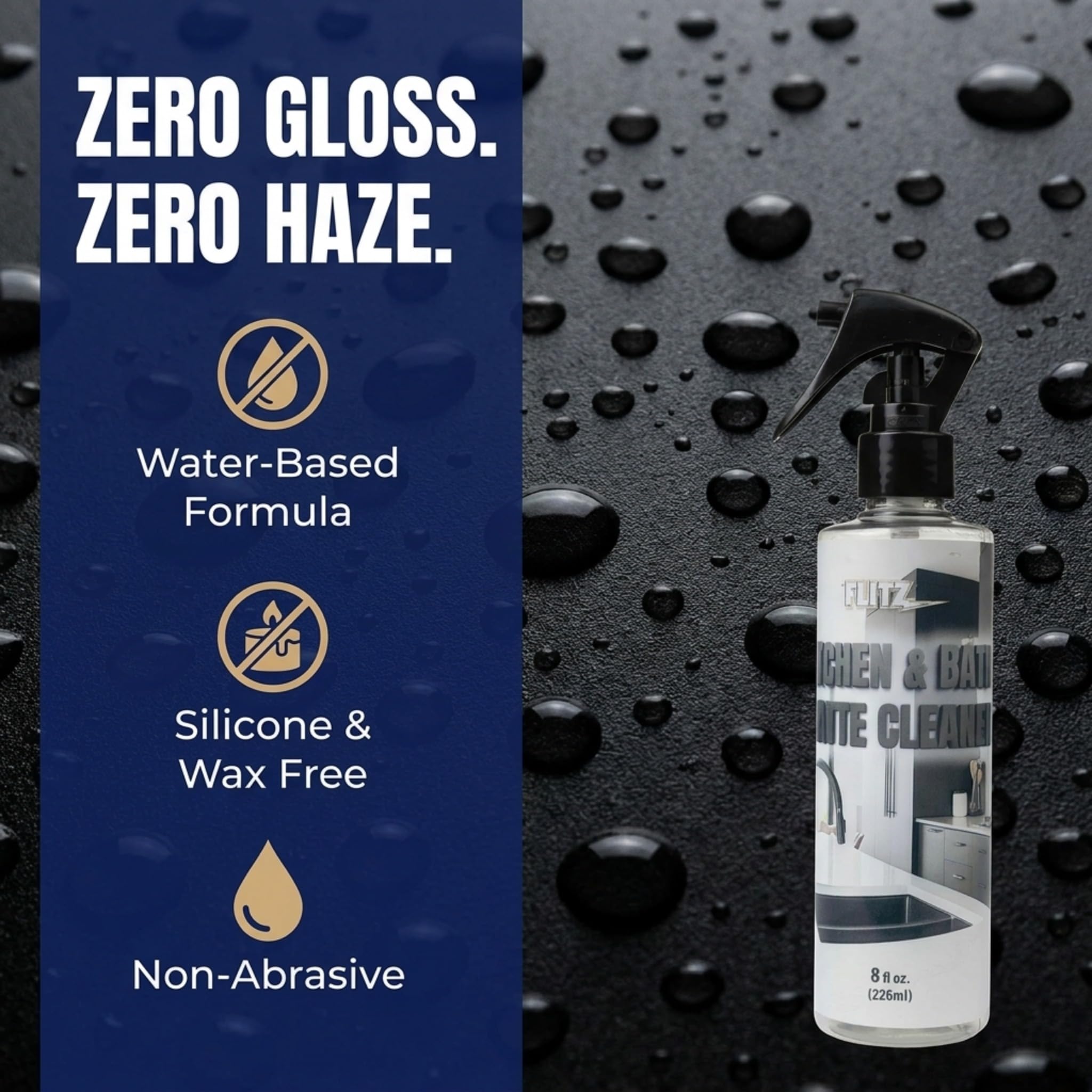 FLITZ Kitchen & Bath Matte Cleaner - 8oz of USA-Made Non-Abrasive Matte Black Cleaner - Removes Light Grease, Smudges, and Water Spots - Water-Based
