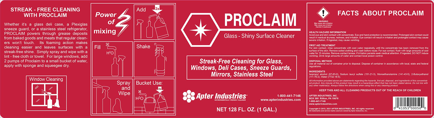 Apter Industries Proclaim Glass and Shiny Surface Cleaner - Streak-Free Cleaner for Glass and Shiny Surfaces (1 Gallon)