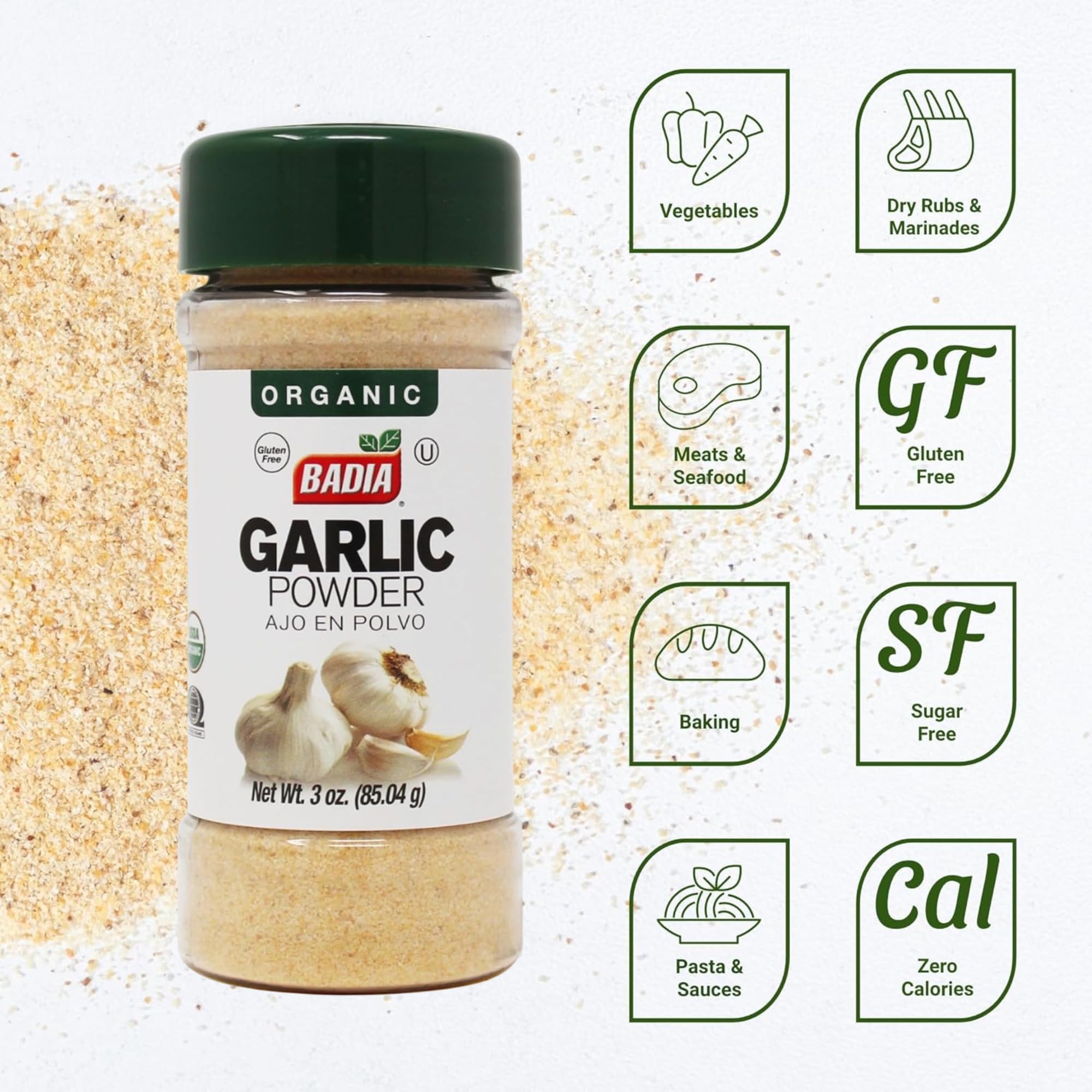 Badia Organic Garlic Powder, 3 oz - Premium Garlic Powder, Freshly Ground & Flavorful