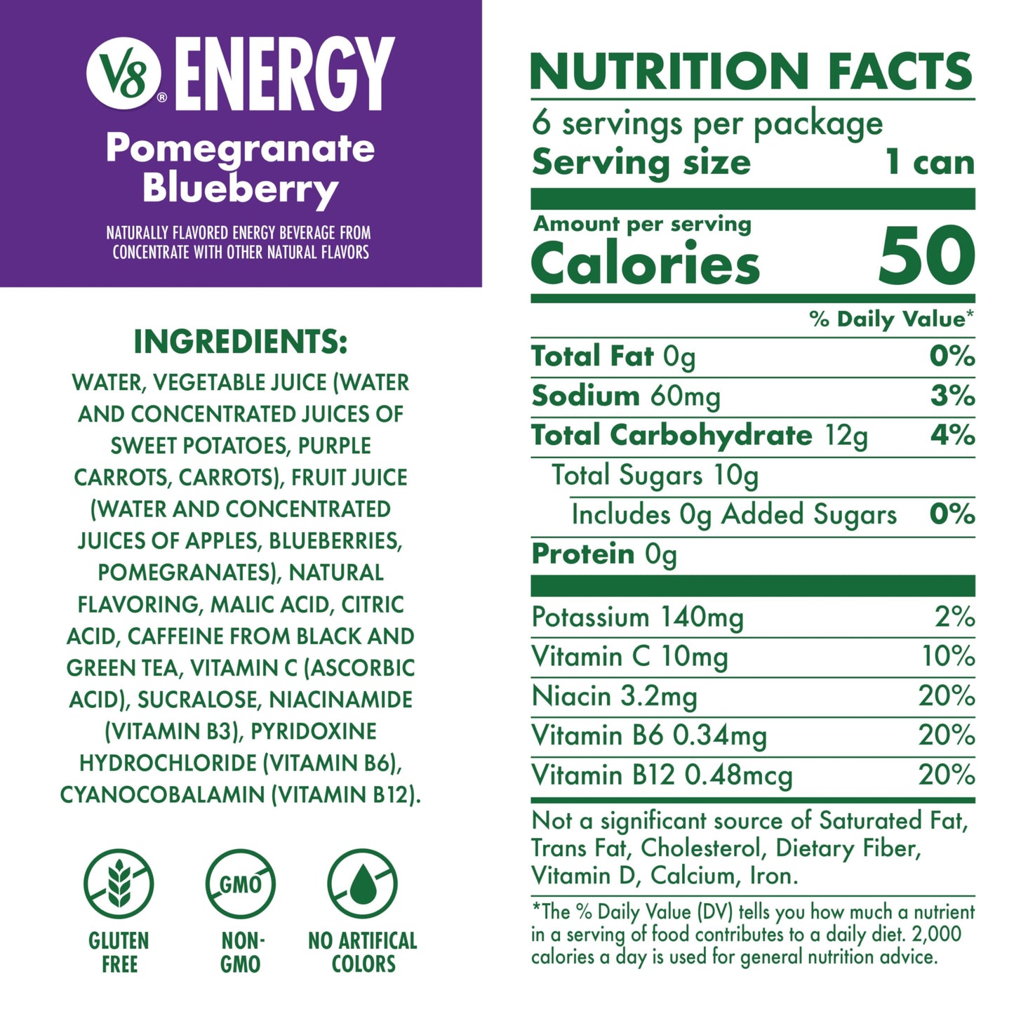 V8 +Energy Pomegranate Blueberry Juice Energy Drink, 8 fl oz Can (6 Pack)
