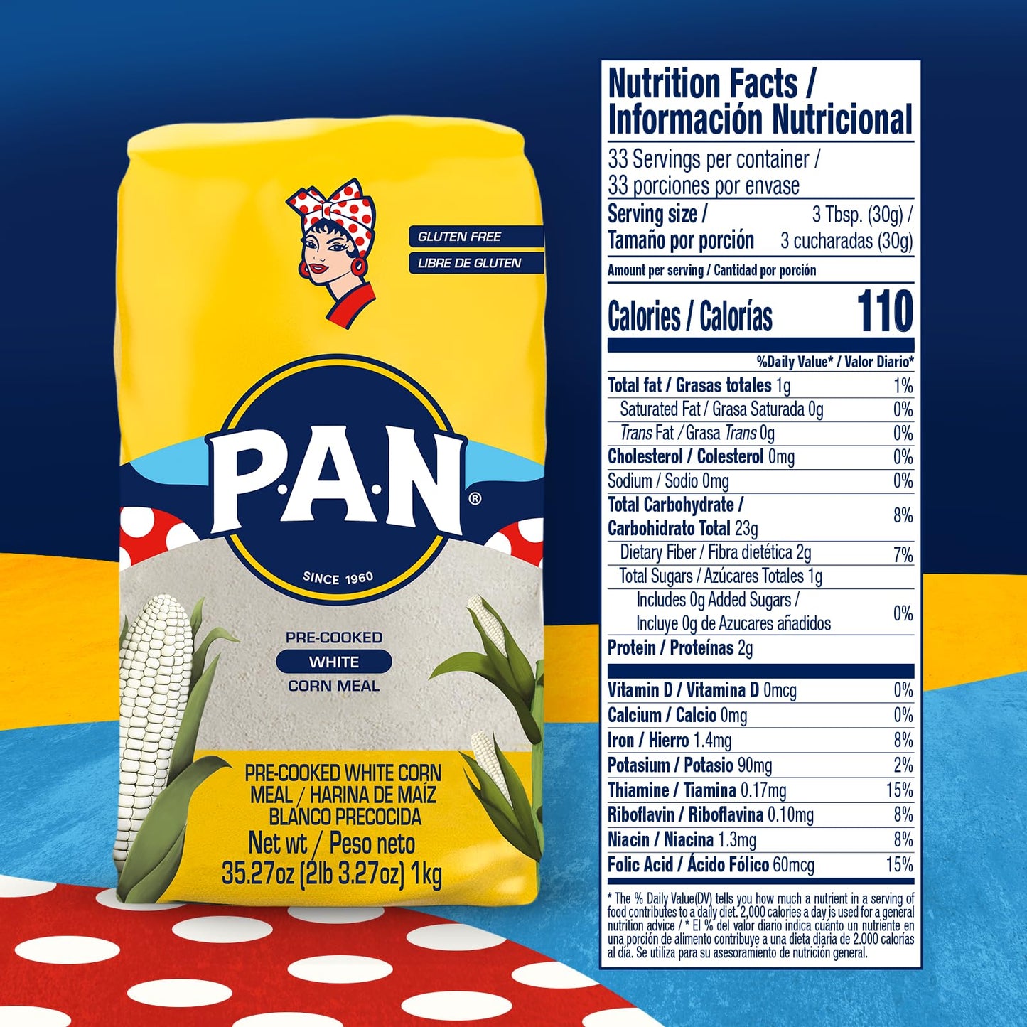 P.A.N. White Corn Meal - Pre-cooked Gluten Free and Kosher Flour for Arepas (2 lb 3.27 Oz / Pack of 1)