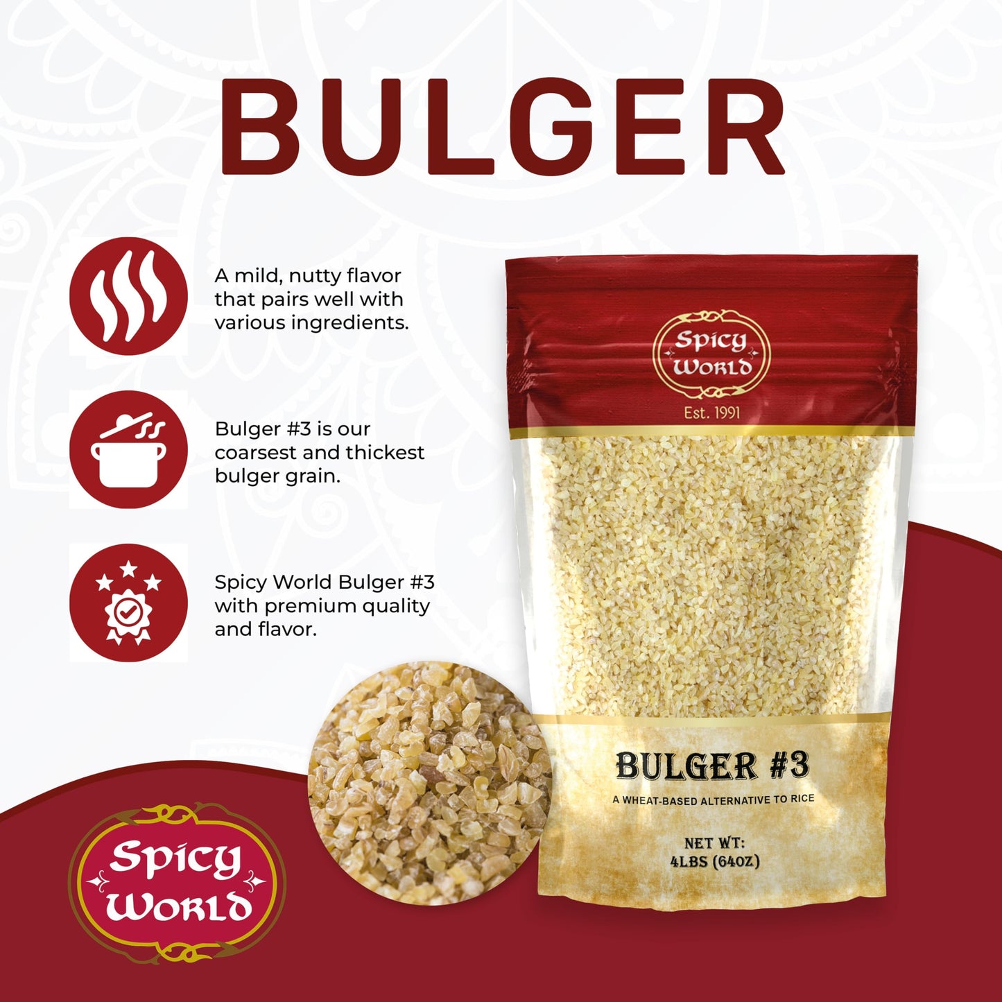 Spicy World Bulgur Coarse #3, 4 LB Bag | Excellent USA Grown Bulgur Wheat for Tabouleh | 100% Natural & Pure | Great for Vegan Recipes