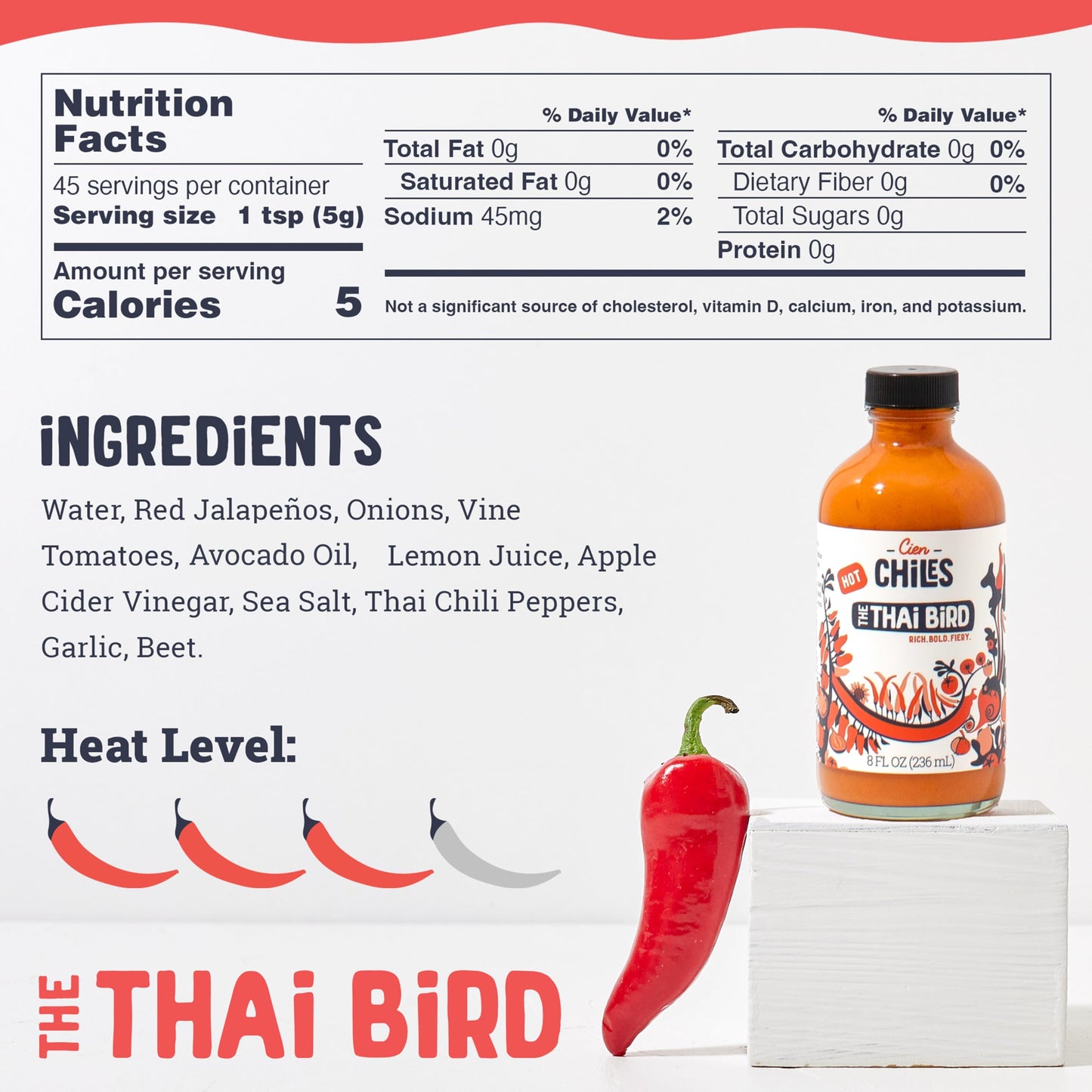 Cien Chiles The Thai Bird | All Natural Sauce | Zero Sugars, Non-GMO, Gluten-Free, Vegan | 8 OZ Bottles (1-Pack)