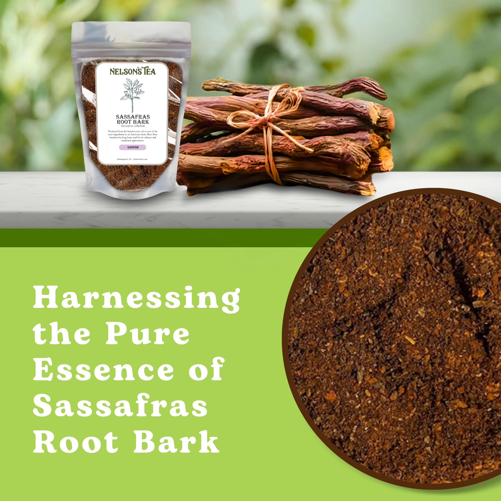 Nelson’s Tea - Sassafras Root Bark Ground - Caffeine Free - Aromatic Sassafras Albidum - Freshly Packed in a Resealable Bag for Lasting Freshness
